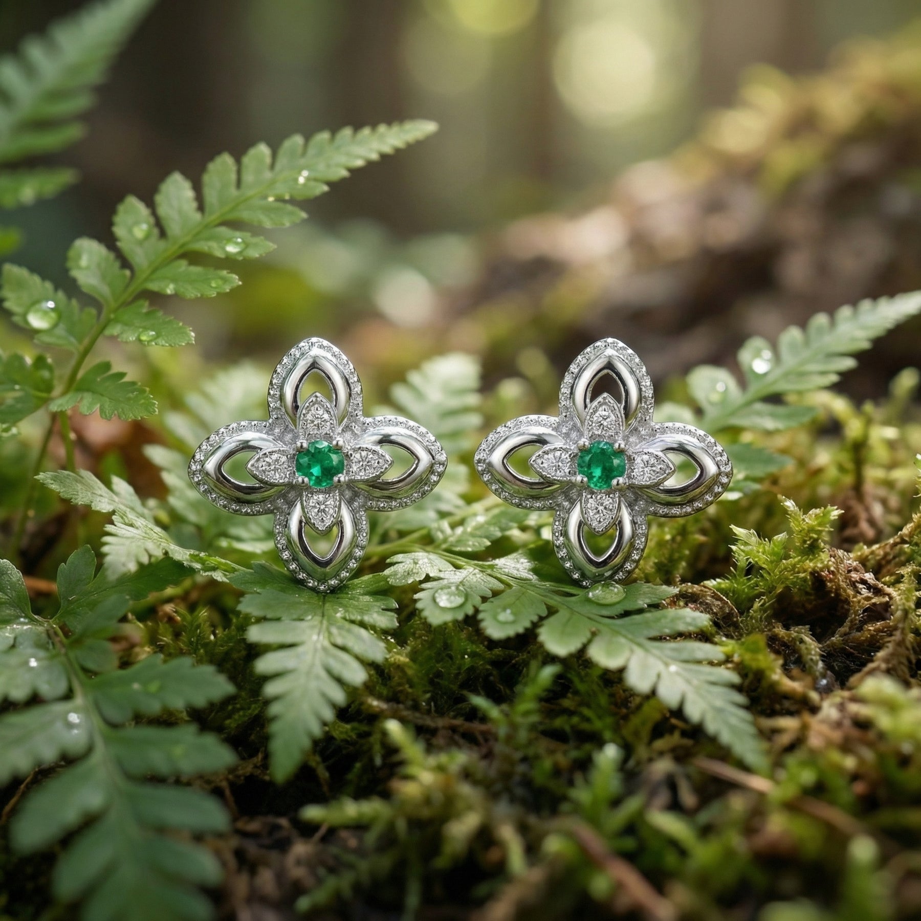 Green stone Floral Studs, Milgrain Detail – green stone earrings, front view