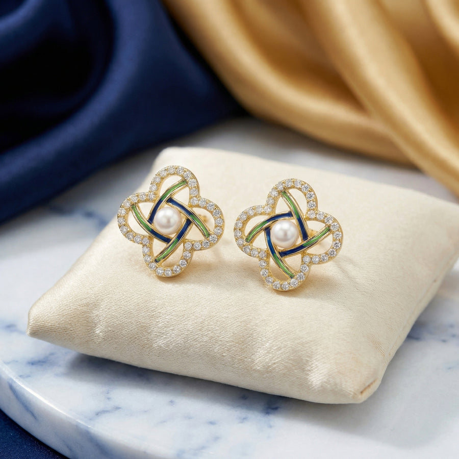 Pearl Clover Enamel Stud Earrings – pearl earrings, front view