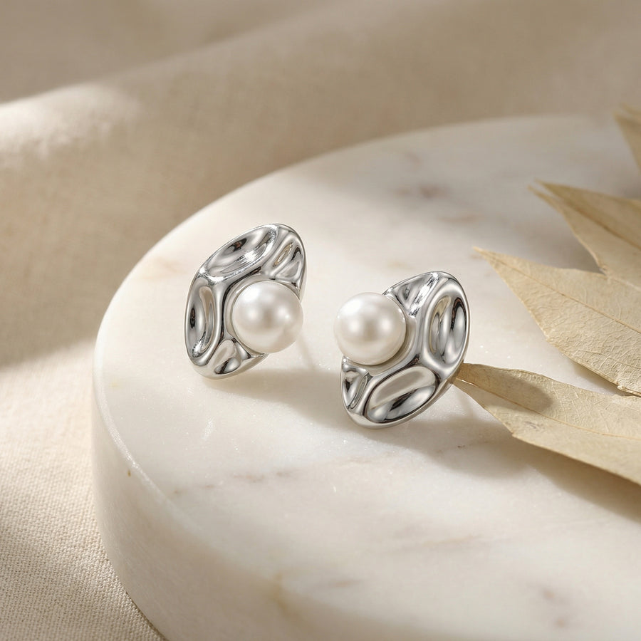 Textured Organic Shape Pearl Studs – pearl earrings, close-up