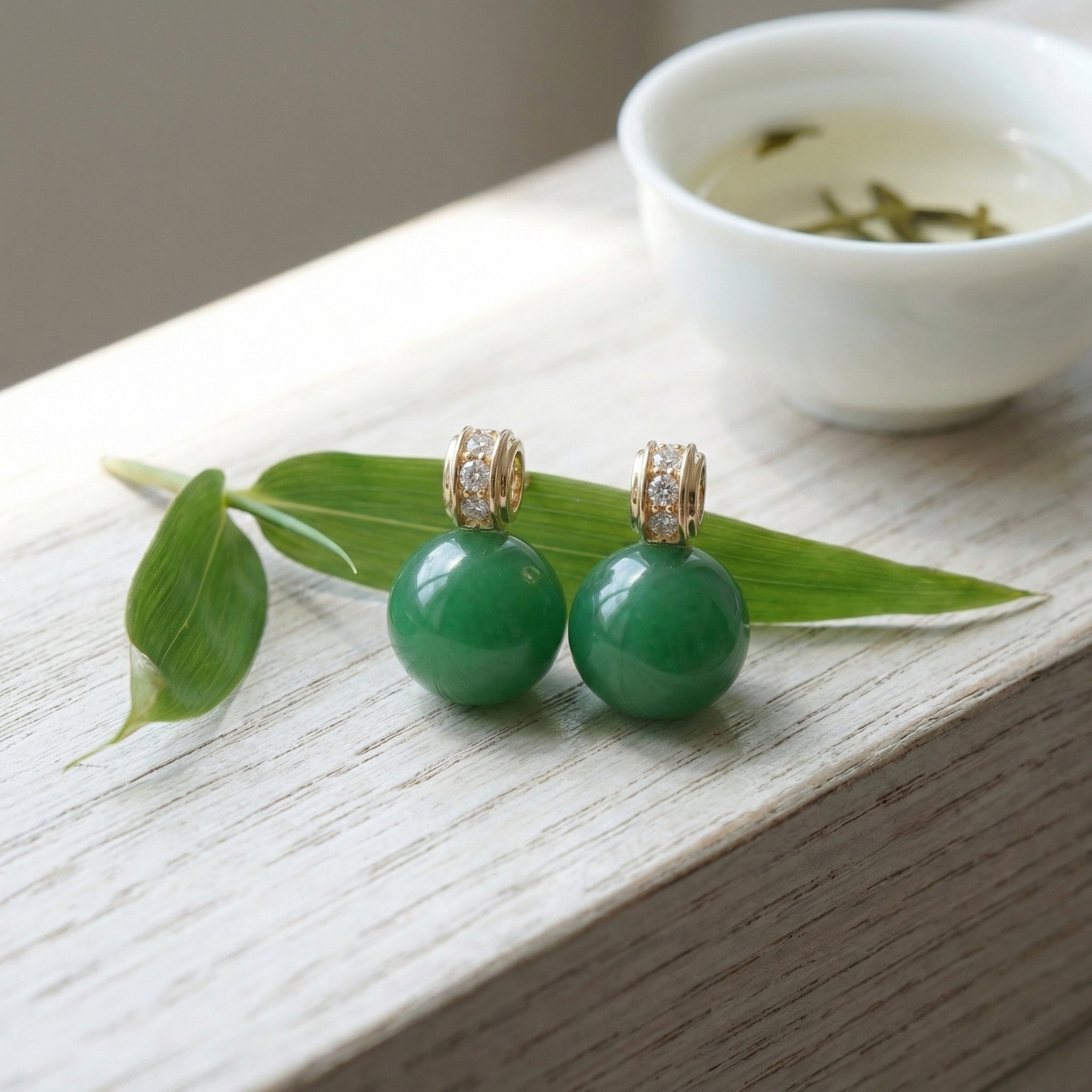 Jadeite Bead Stud Earrings – jade earrings, front view