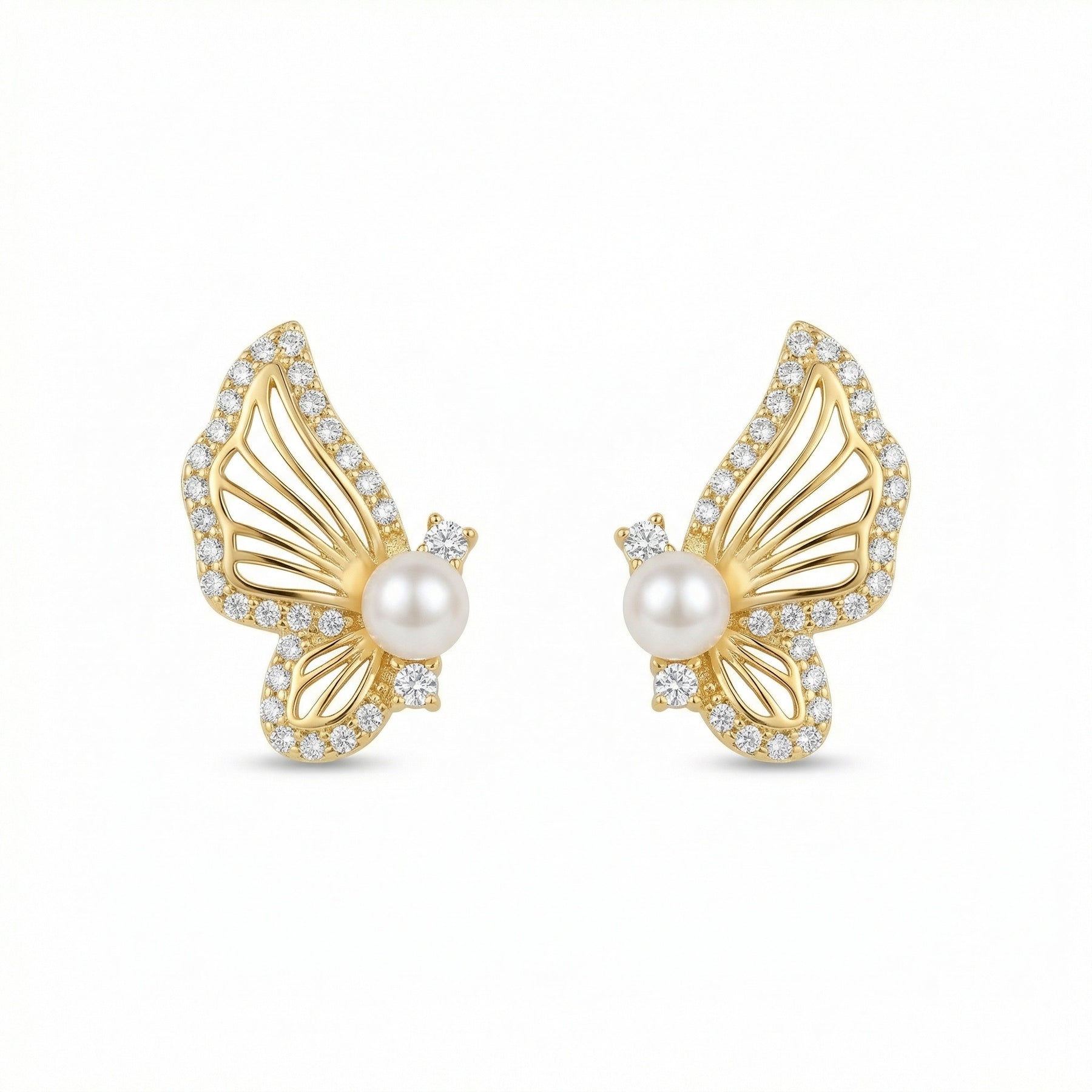 Butterfly Wing Studs with Pearls – pearl earrings, front view