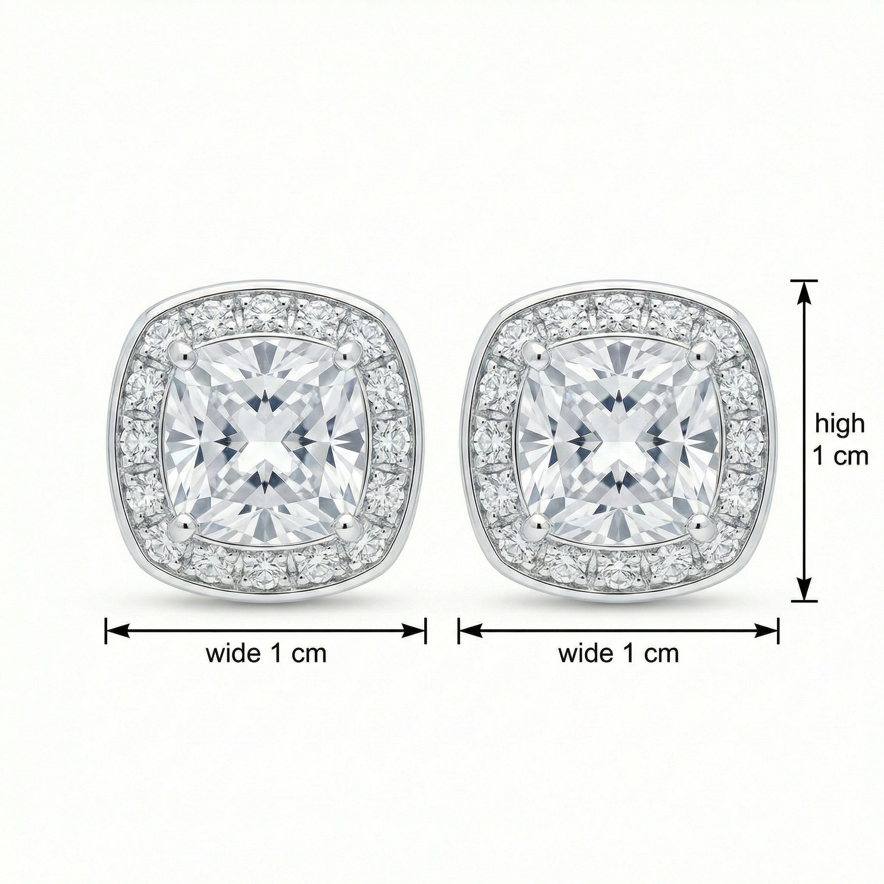 Cushion-Cut Halo Studs, White Finish – sterling silver earrings, styling detail
