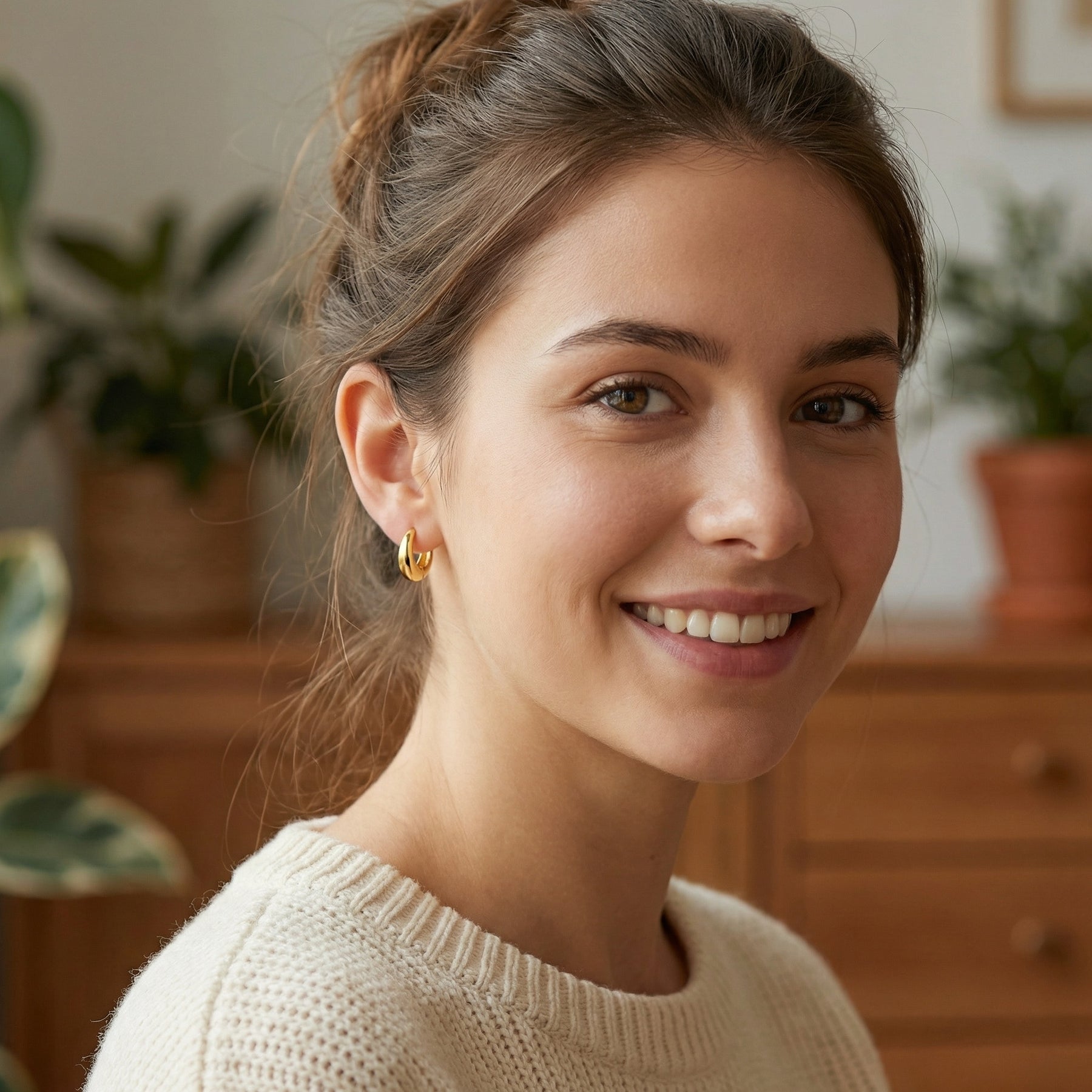 Chunky Polished Huggie Hoop Earrings – sterling silver earrings, front view
