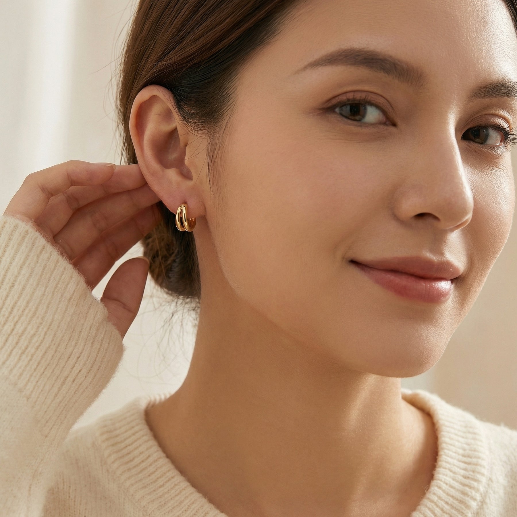 Double-Layer Polished Huggie Hoops – sterling silver earrings, side detail