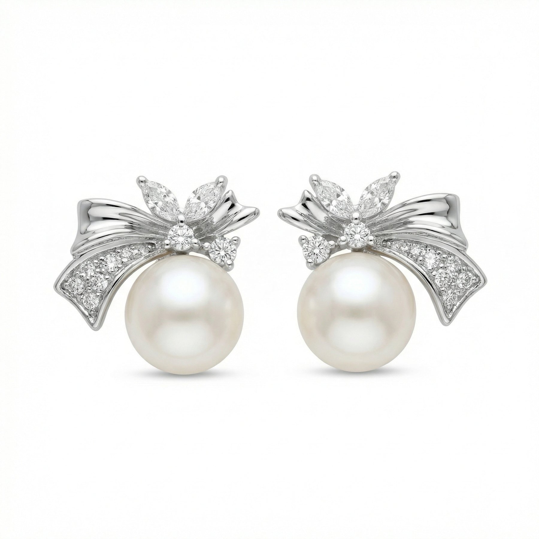 White Pearl Bow Stud Earrings – pearl earrings, close-up