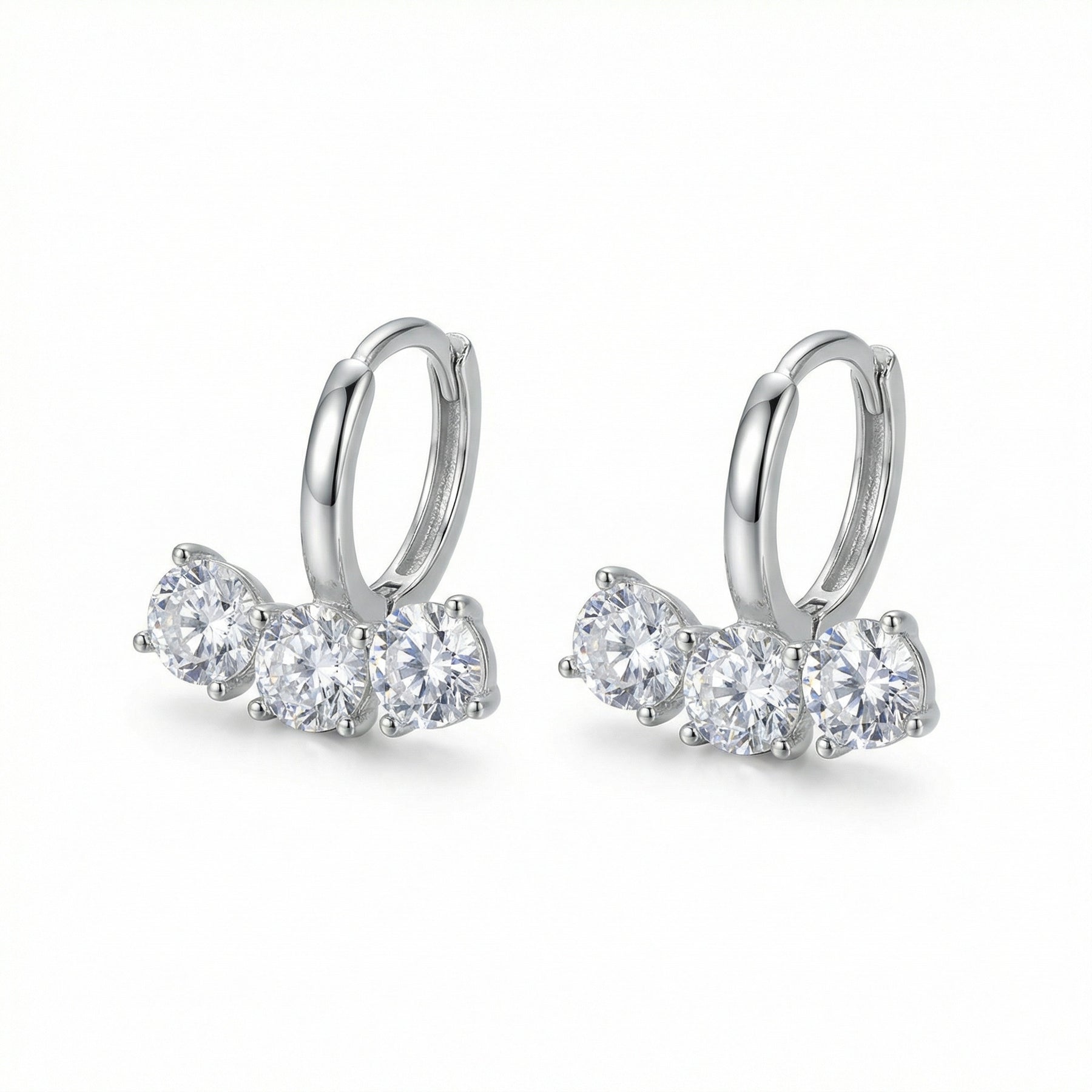 Three-Stone Silver Huggie Hoops – sterling silver earrings