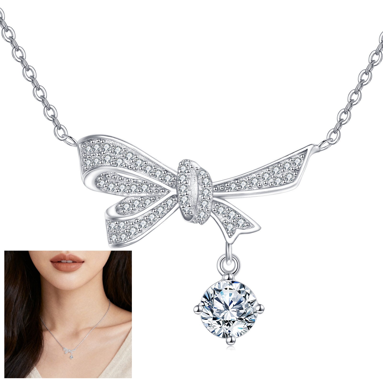 Silver Bow Necklace with Sparkling stone Charm – sparkling stone necklace