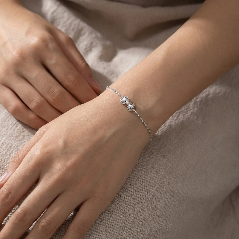 Heart Bowknot Charm Bracelet – sterling silver bracelet, side detail