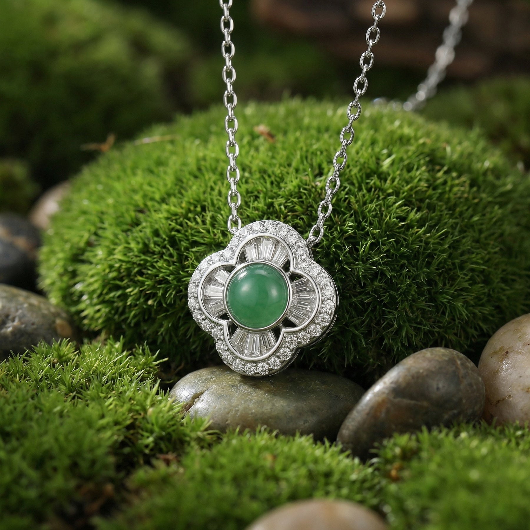Quatrefoil Green Gemstone Necklace – jade necklace, front view