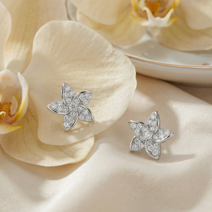 Five-Petal Silver Flower Stud Earrings – sterling silver earrings, side detail