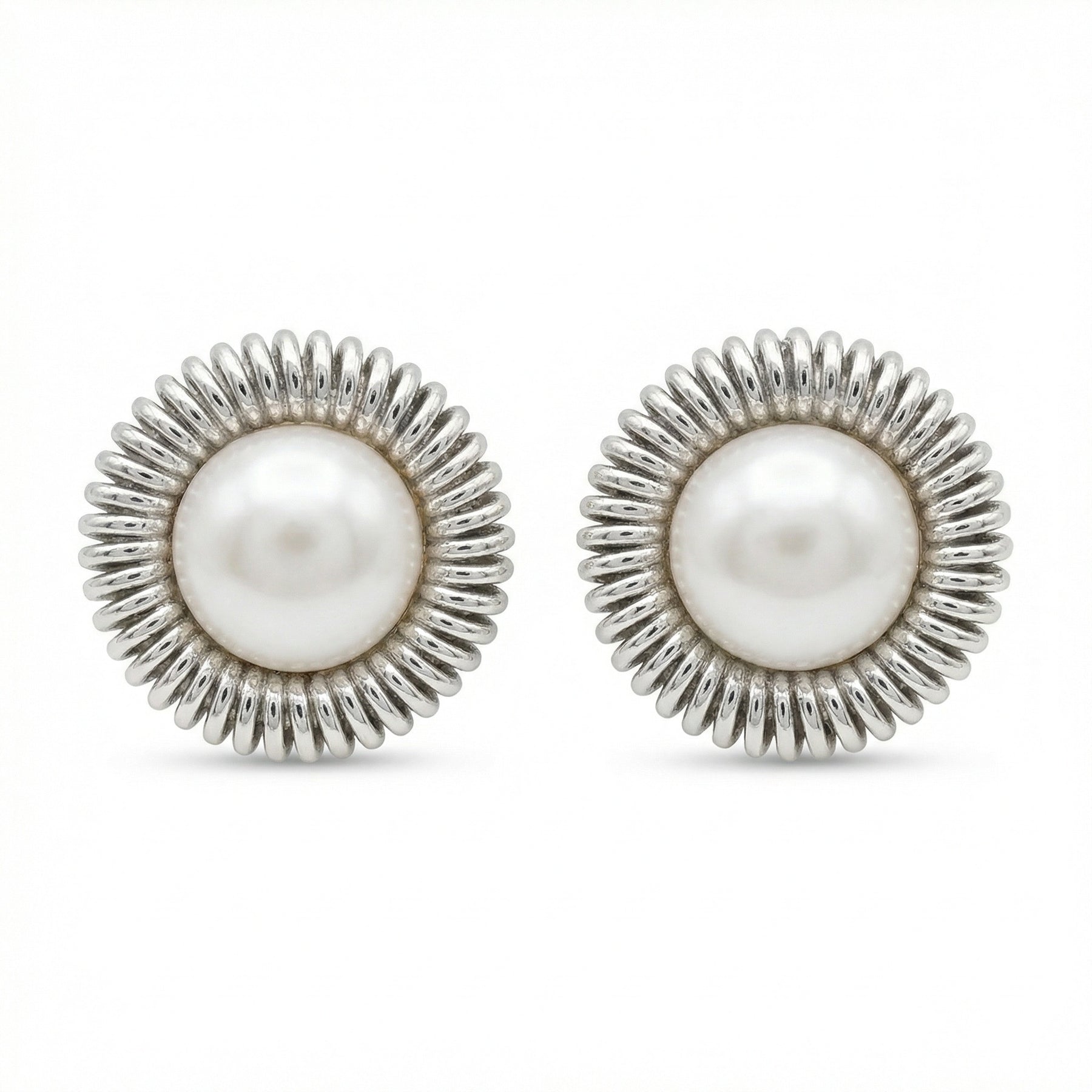 Pearl Studs with Coiled Halo – pearl earrings, side detail