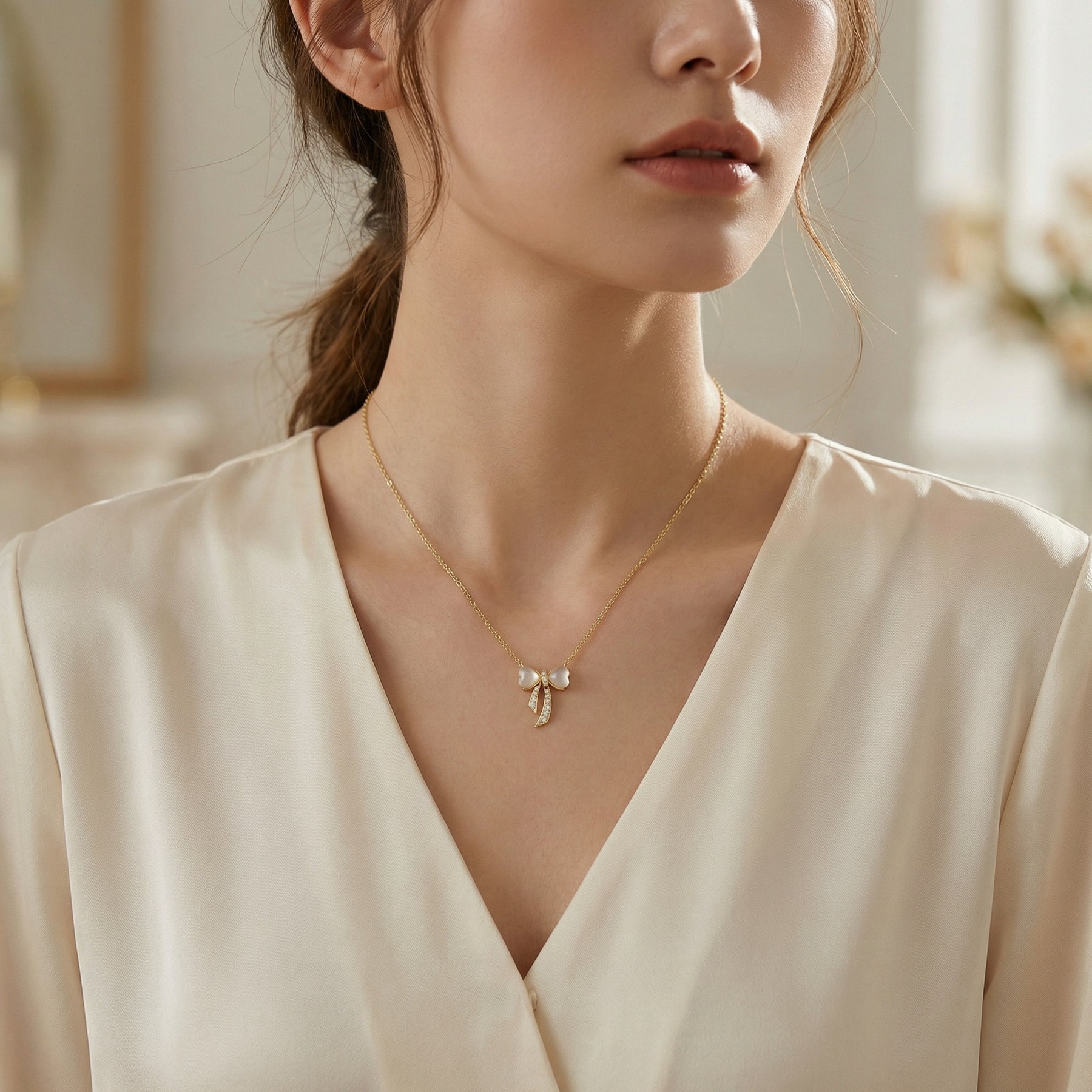 Bow Pendant Necklace, Warm Gold Tone – sterling silver necklace, close-up