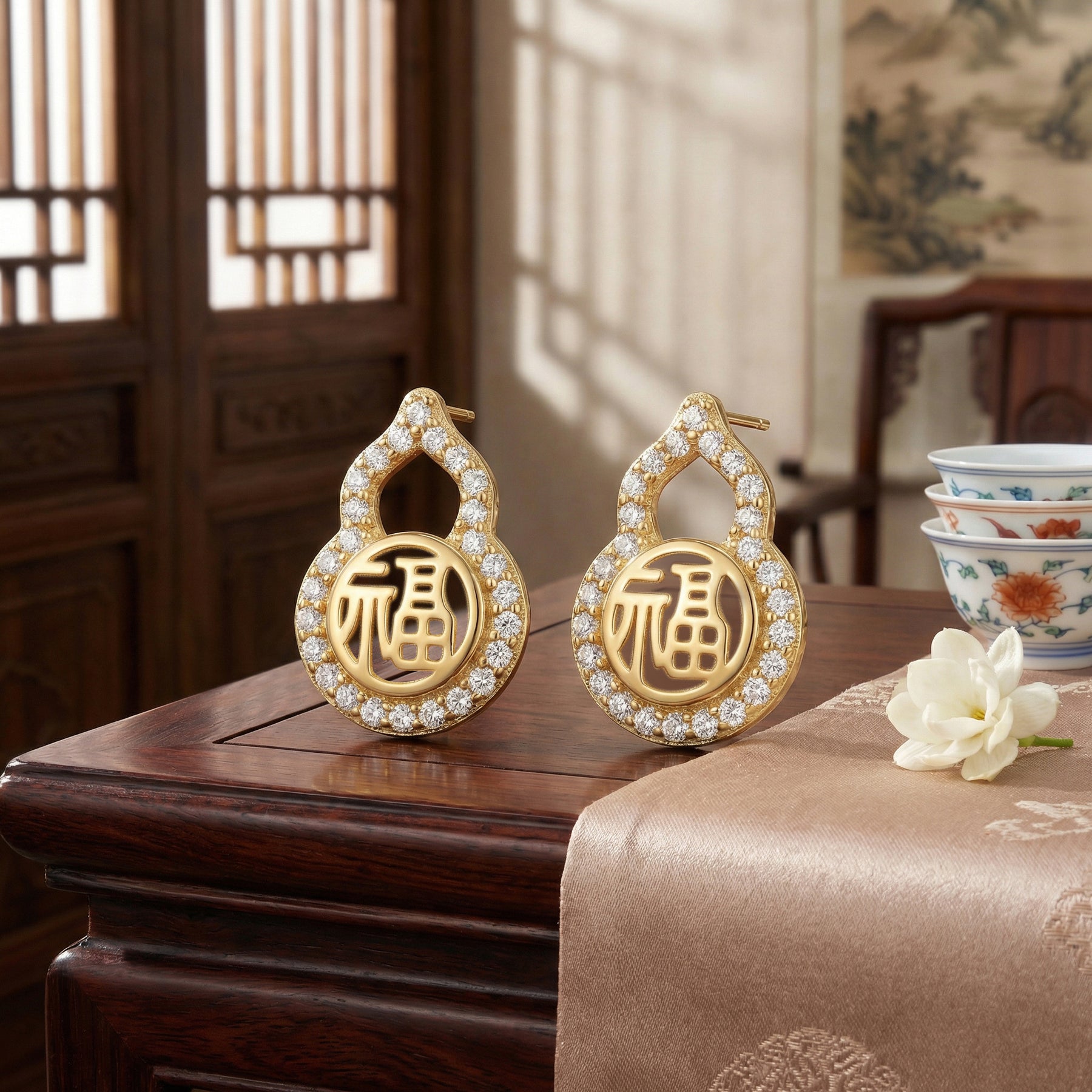 Gourd Symbol Pavé Stud Earrings – sterling silver earrings, close-up