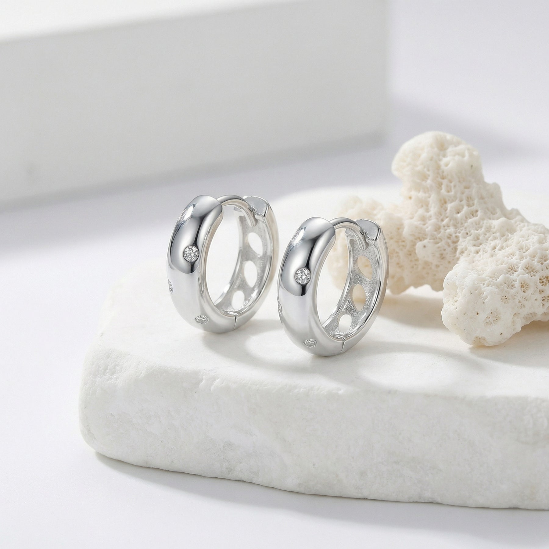 Sparkling Gemstone Huggie Hoop Earrings – sterling silver earrings, front view