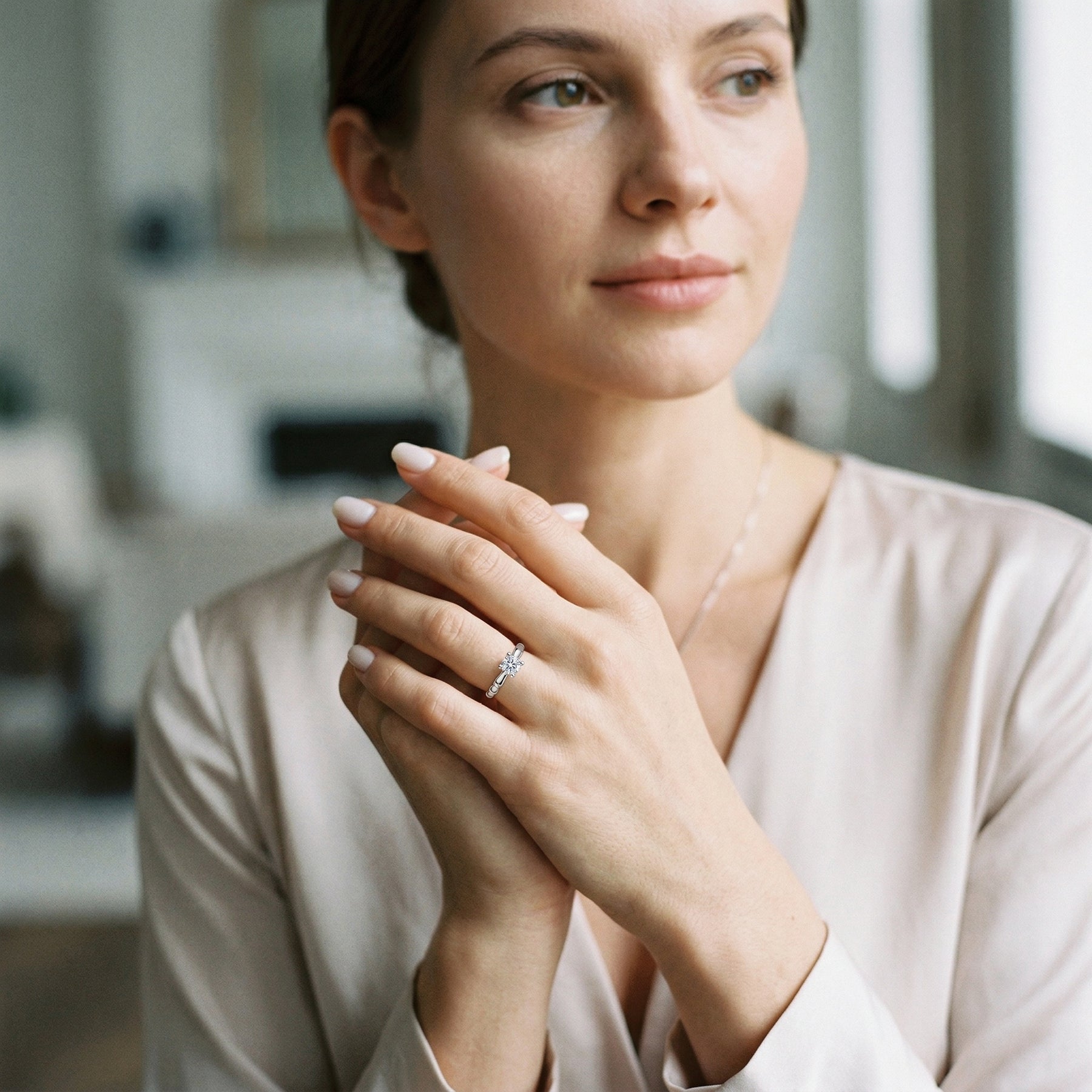 Round Solitaire Ring with Pavé Accents – sterling silver ring, side detail