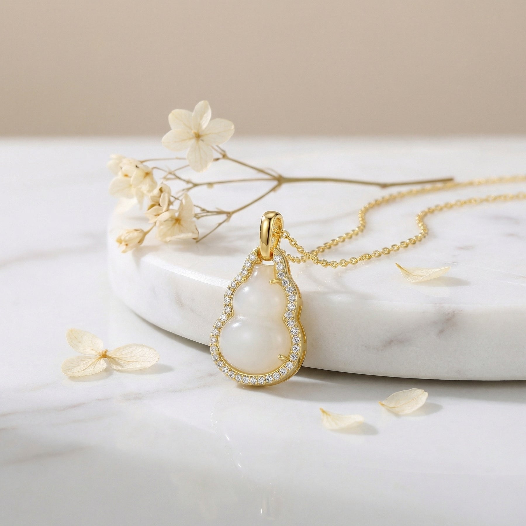 White Jade Gourd Crystal Halo Necklace – jade necklace, side detail