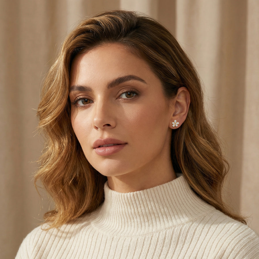Pear-Cut Crystal Floral Studs, Gilded – crystal earrings, close-up
