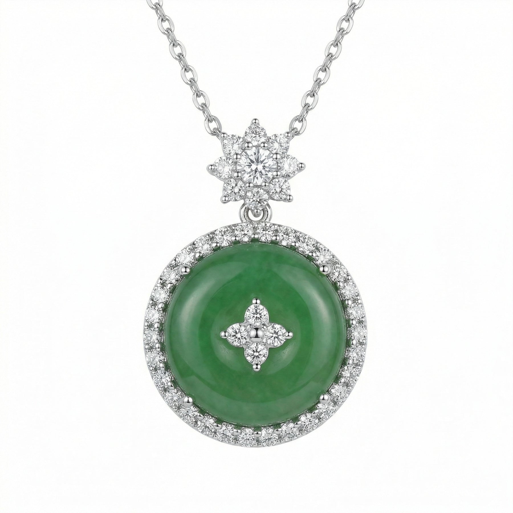 Round Green Jadeite Floral Necklace – jade necklace, front view