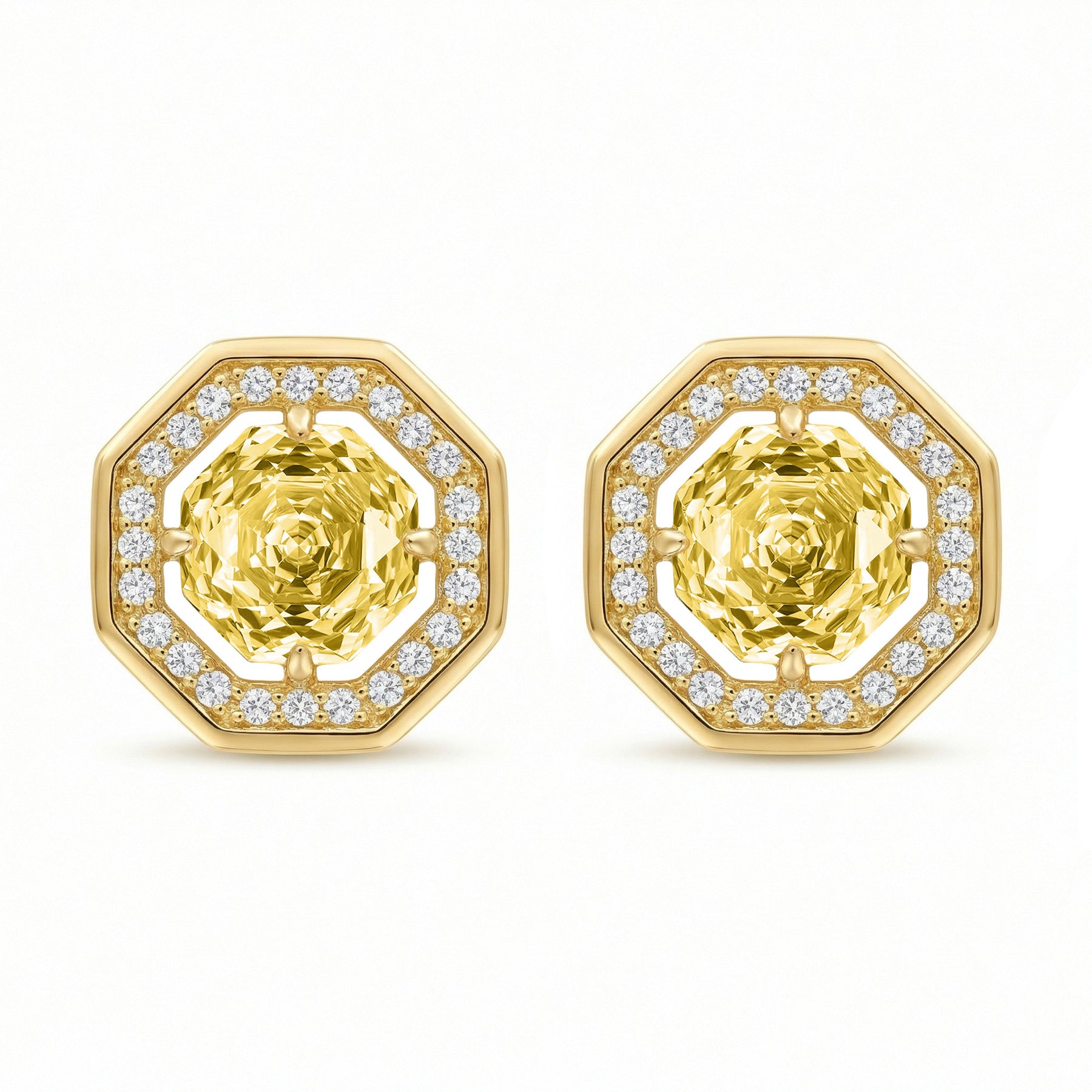 Octagonal Honey Gemstone Stud Earrings – sterling silver earrings, front view
