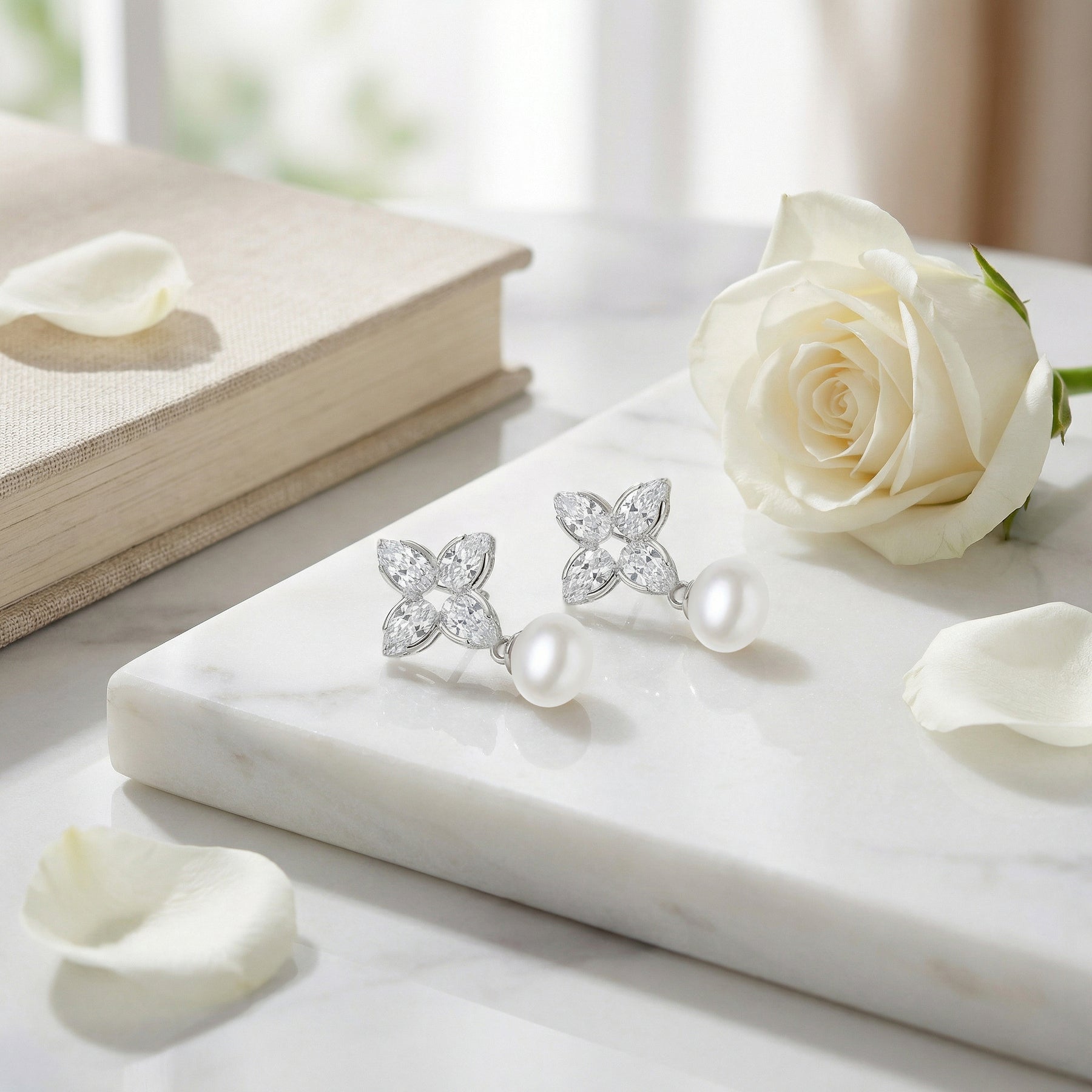 Floral Marquise Cluster Pearl Drops – pearl earrings, side detail