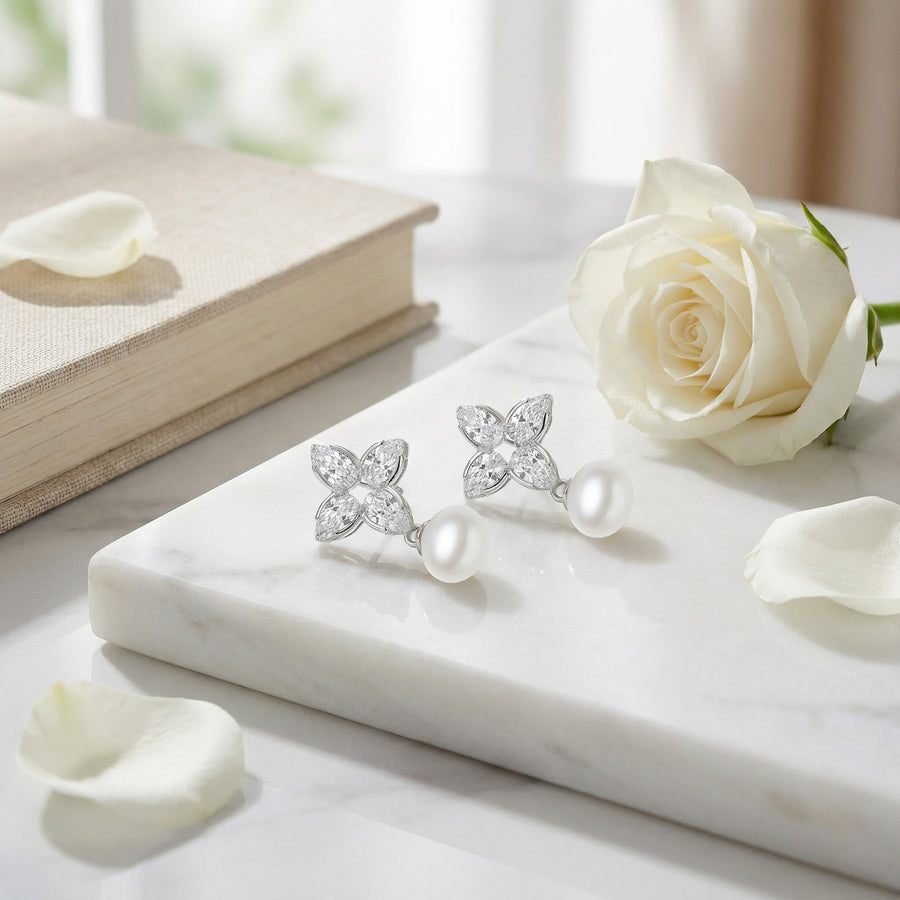 Floral Marquise Cluster Pearl Drops – pearl earrings, side detail