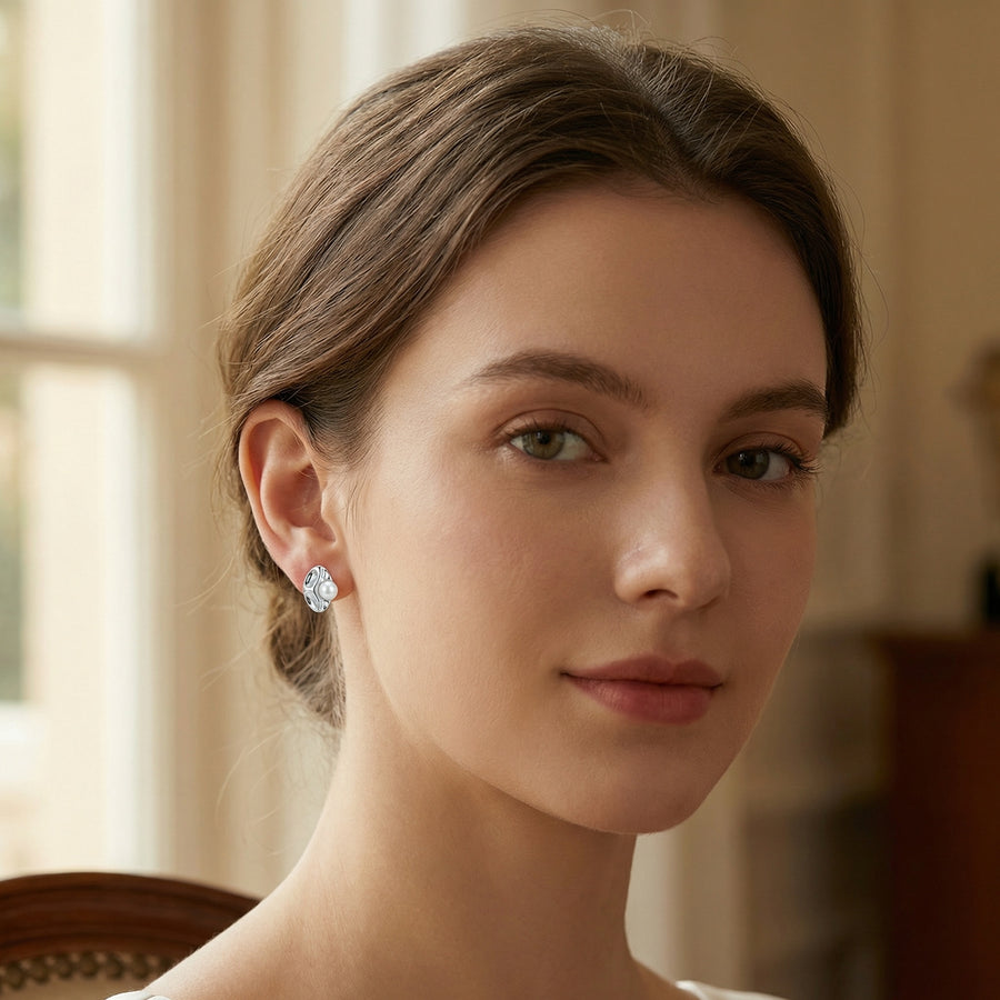 Textured Organic Shape Pearl Studs – pearl earrings, front view