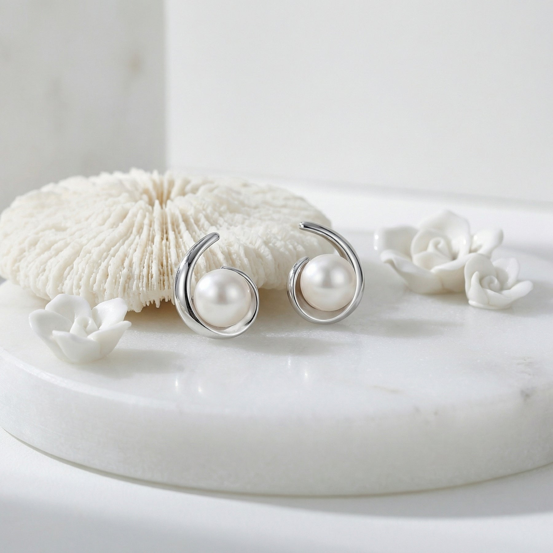 Silver Swirl Pearl Stud Earrings – pearl earrings, side detail