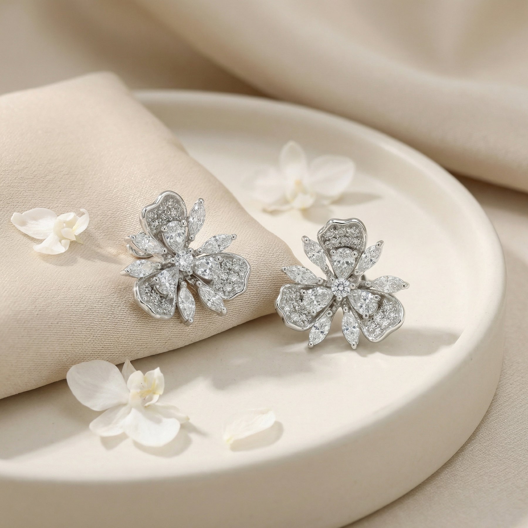 Three-Petal Floral Bloom Stud Earrings – sterling silver earrings, close-up