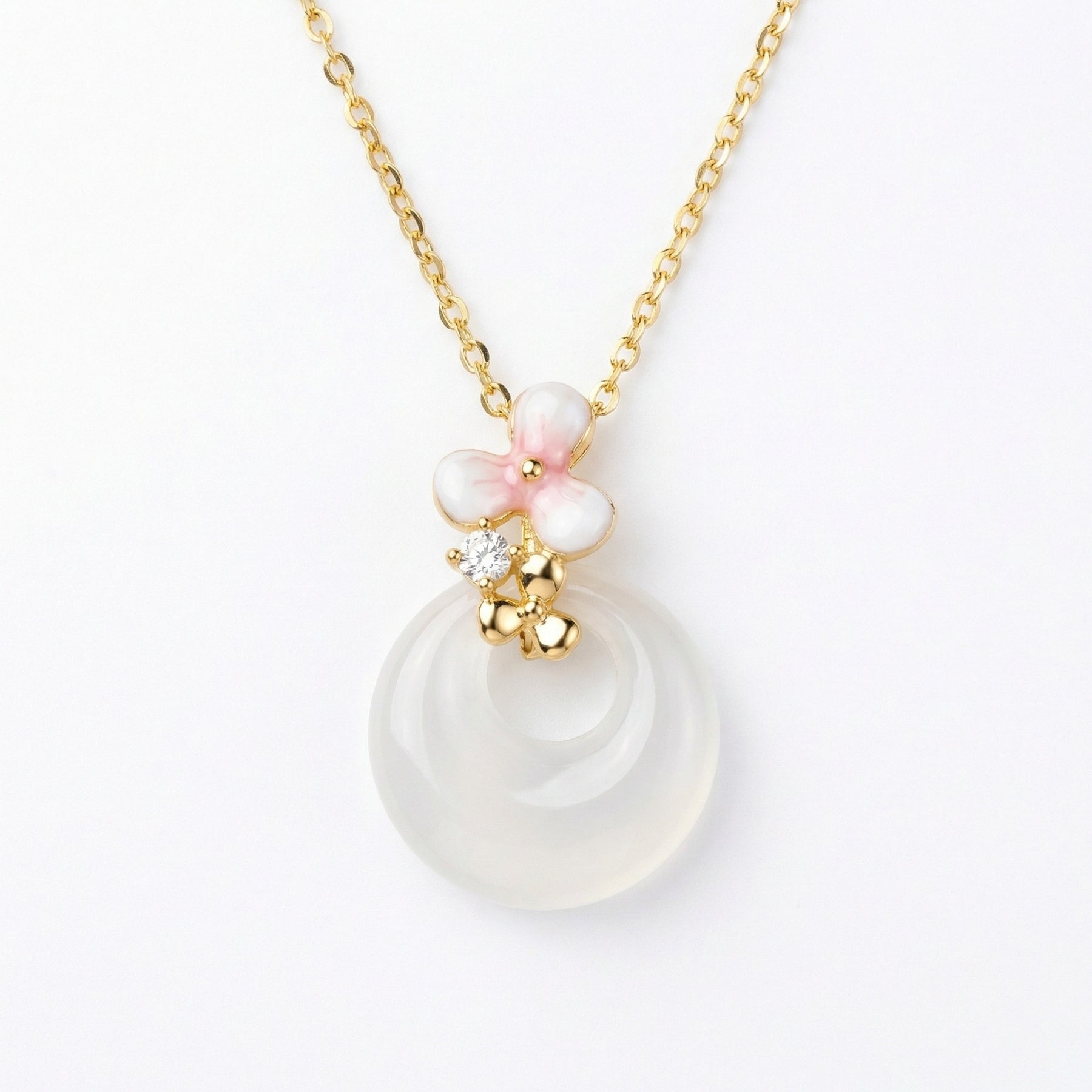 White Jade Donut Necklace, Pink Blossom – jade necklace, close-up
