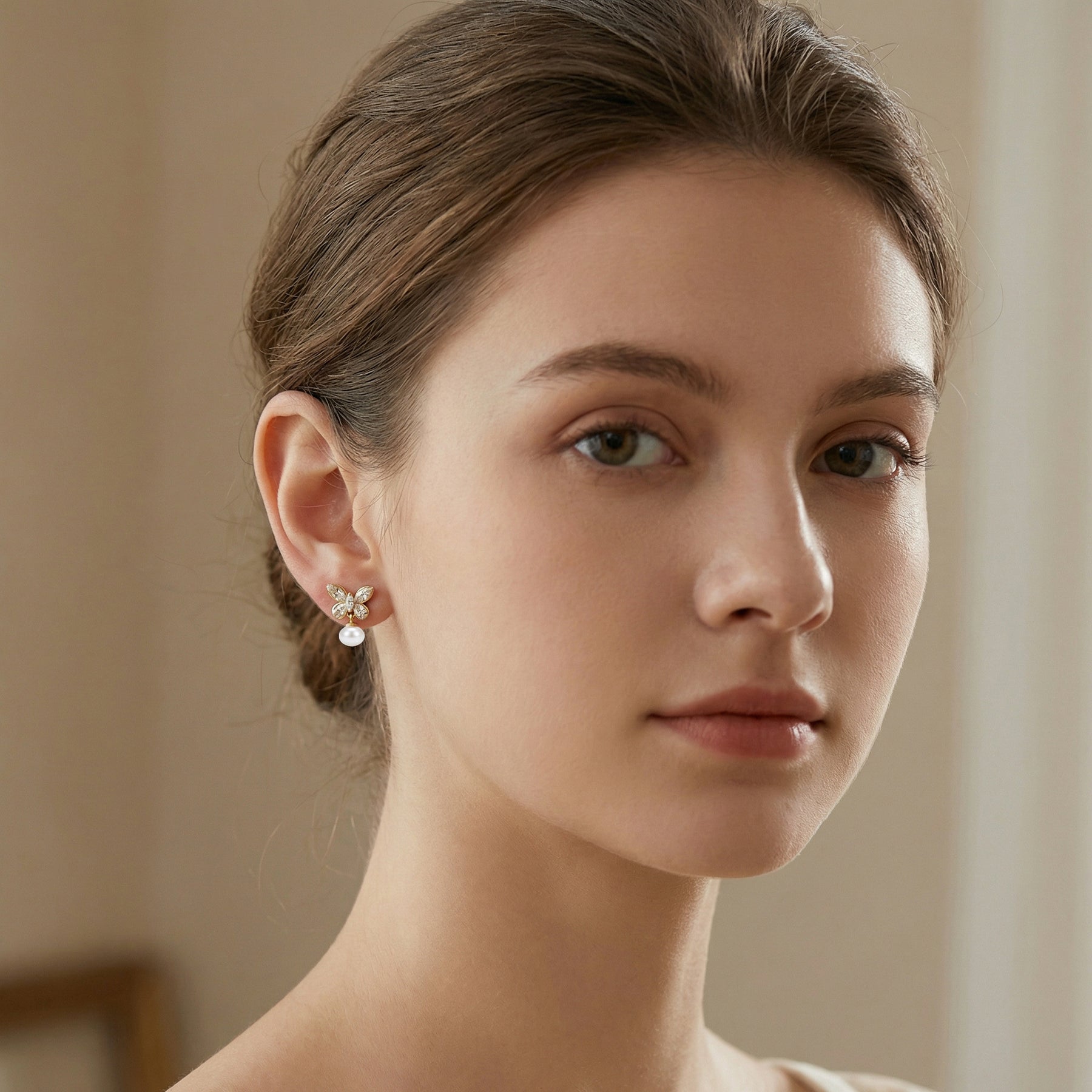 Crystal Butterfly and Pearl Drop Earrings – pearl earrings, side detail