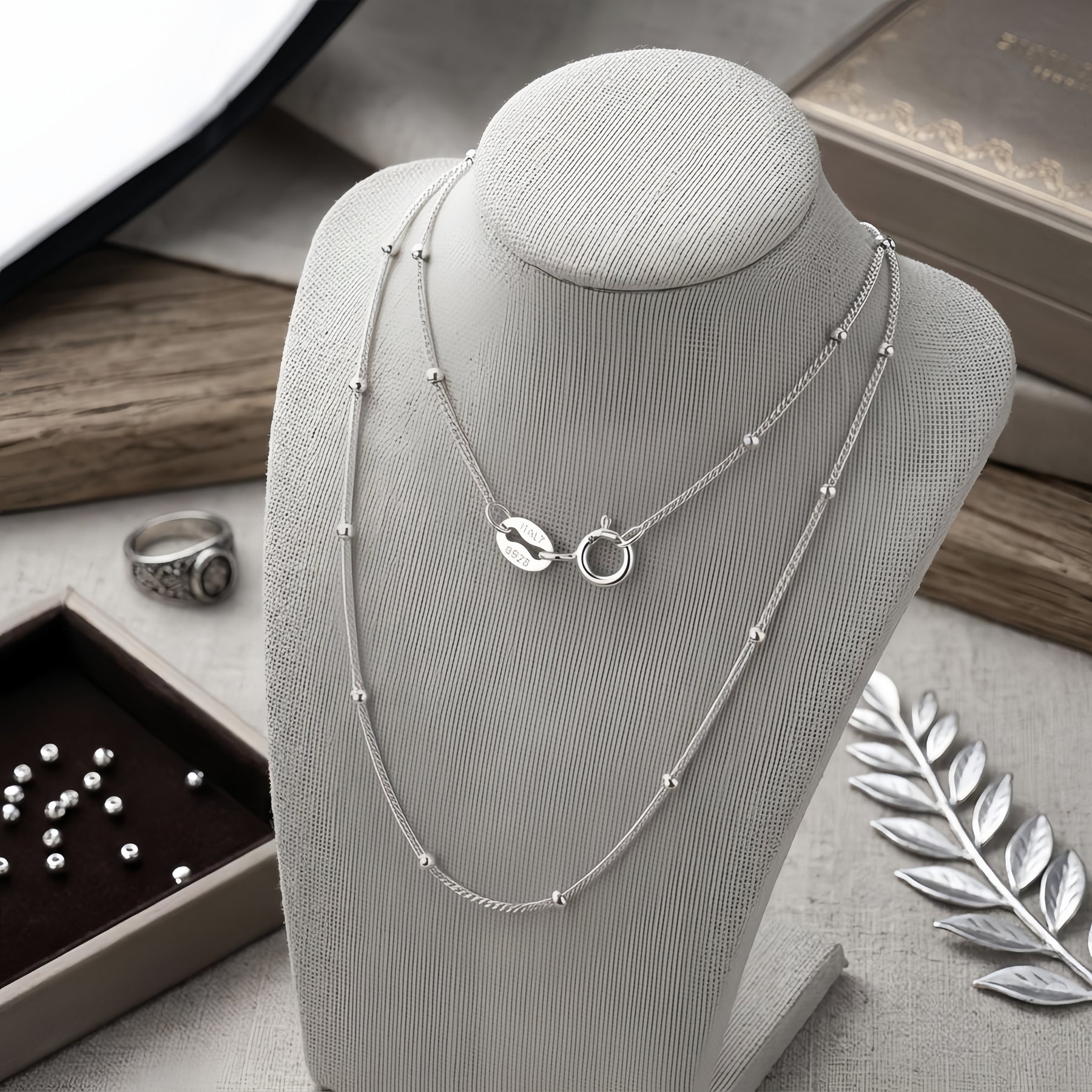 white-gold-tone Bead-Accented Chain Necklace – sterling silver necklace, front view