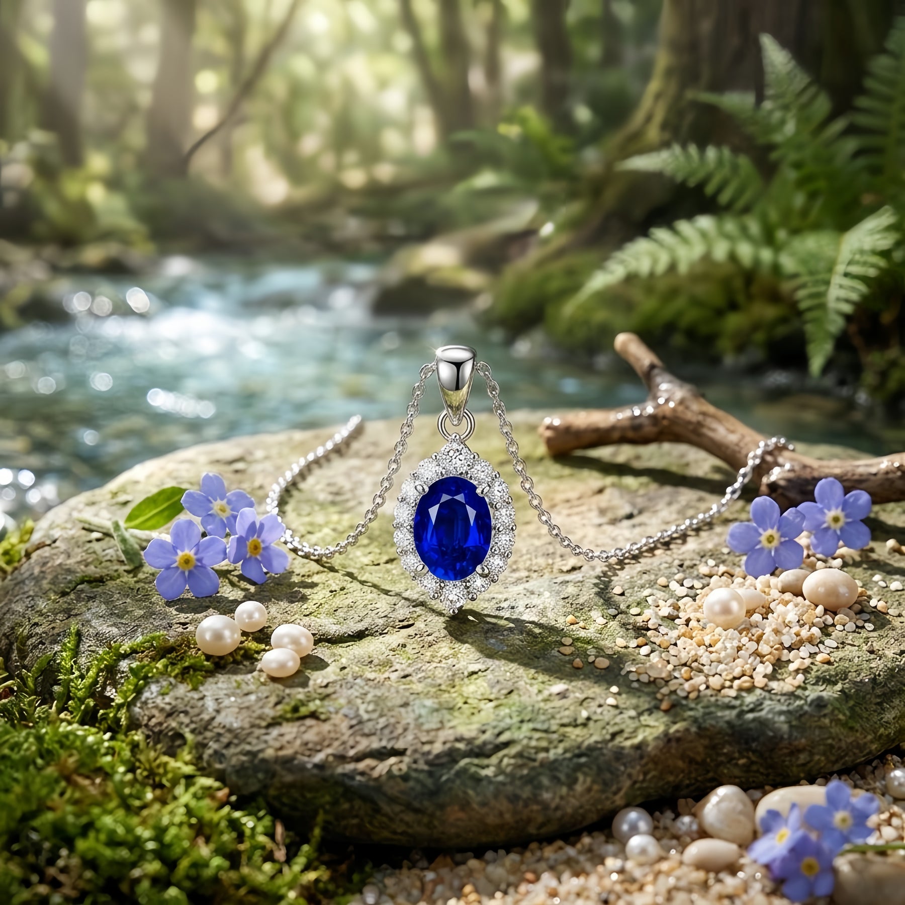 Oval Blue Sapphire Halo Necklace – sapphire necklace, front view