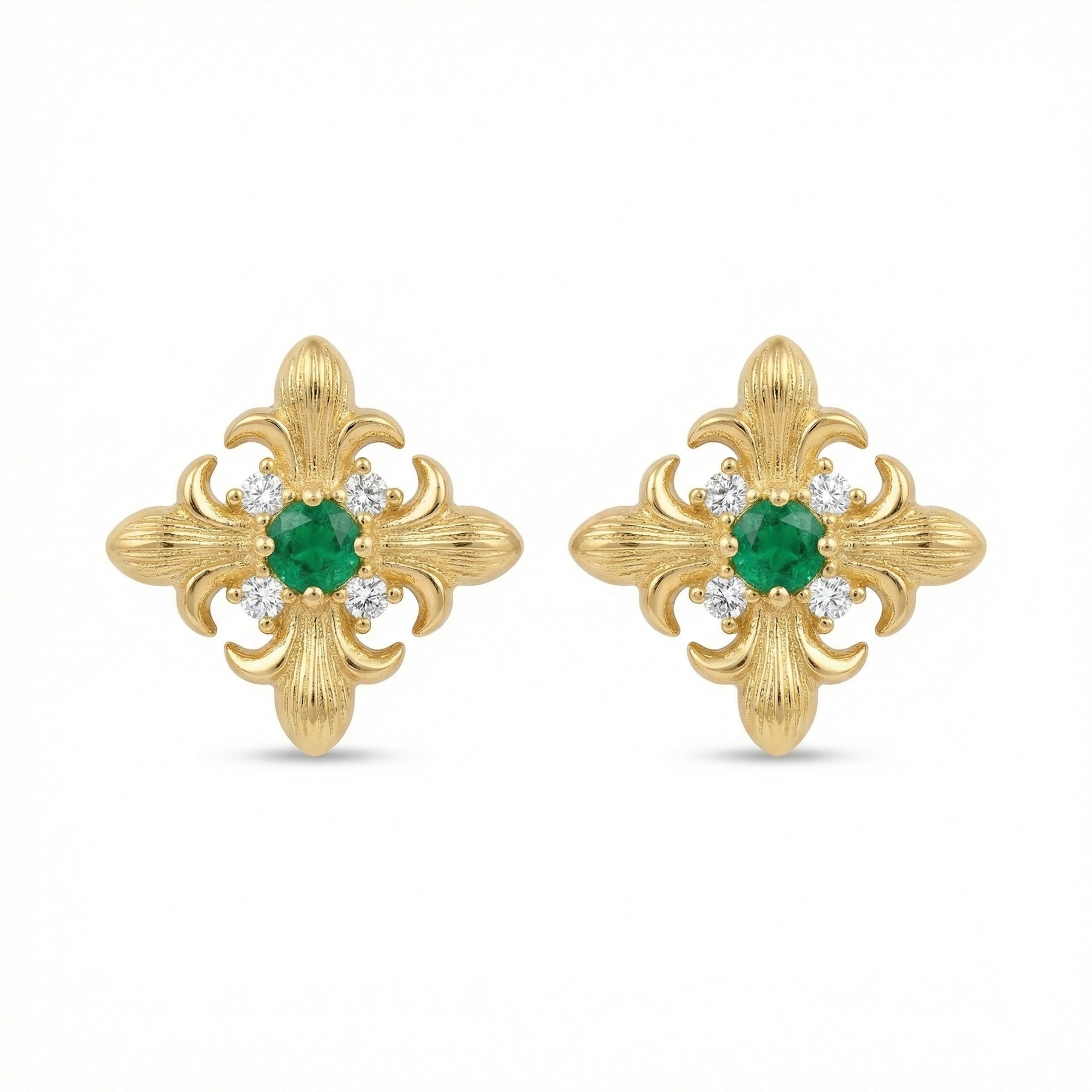 Fleur-de-lis Green stone Stud Earrings – green stone earrings, close-up