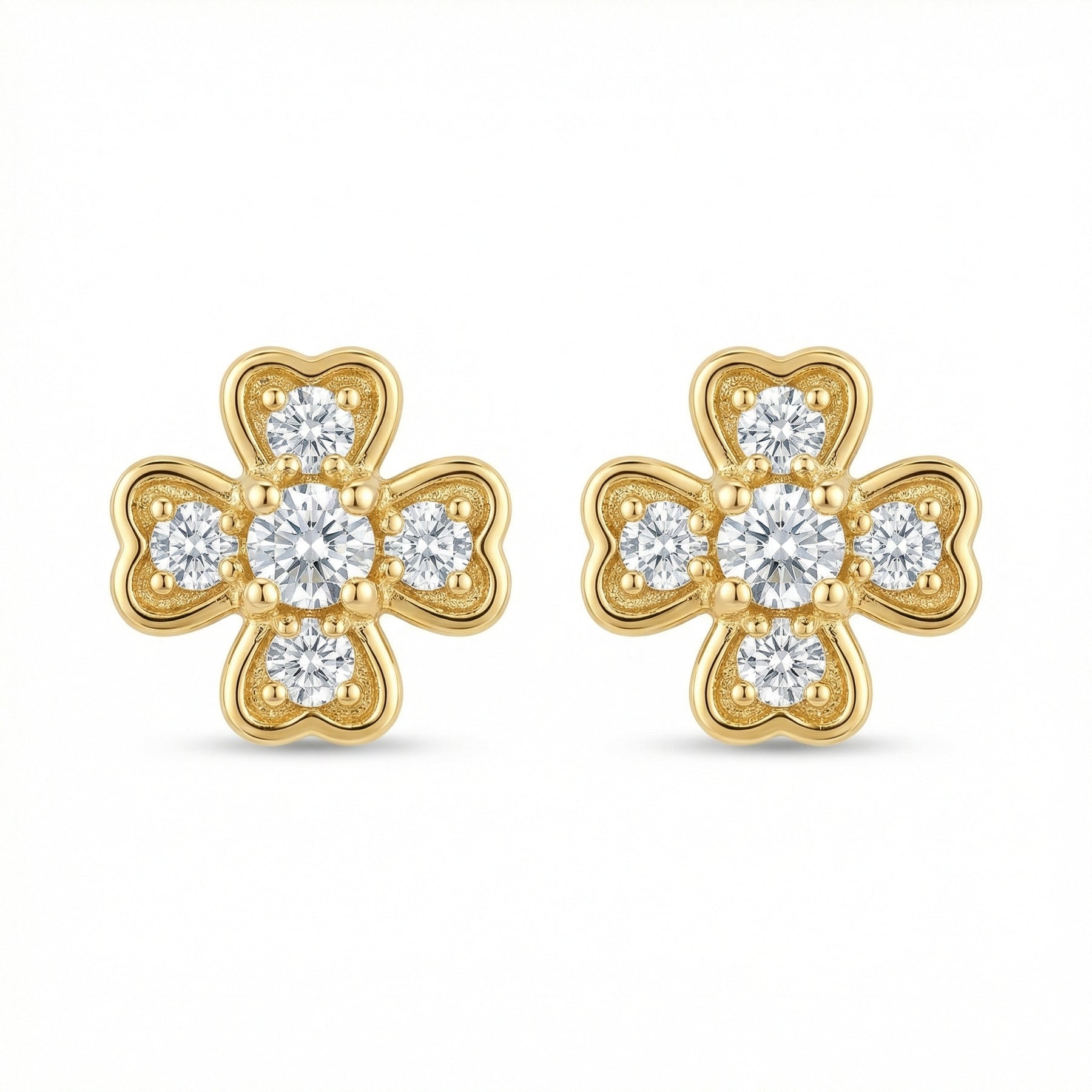 Clover-Shaped Sparkling stone Stud Earrings – sterling silver earrings, side detail