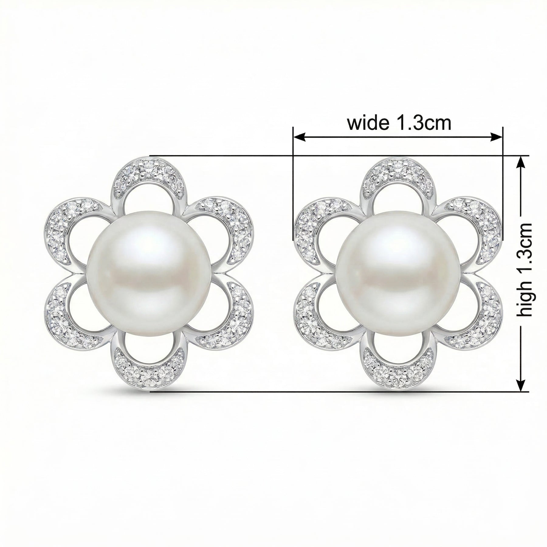 Silver Flower Pearl Stud Earrings – pearl earrings, close-up