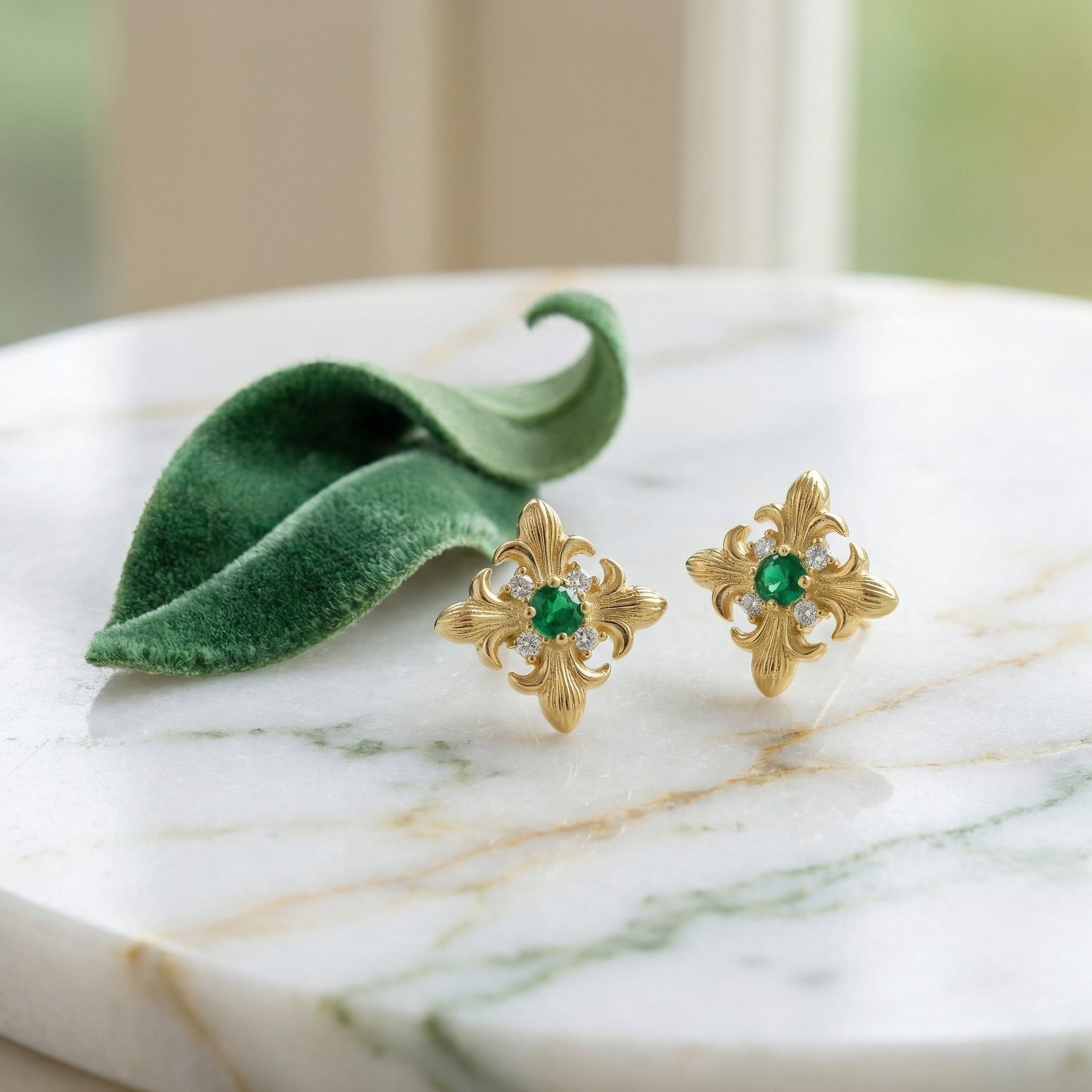 Fleur-de-lis Green stone Stud Earrings – green stone earrings, side detail