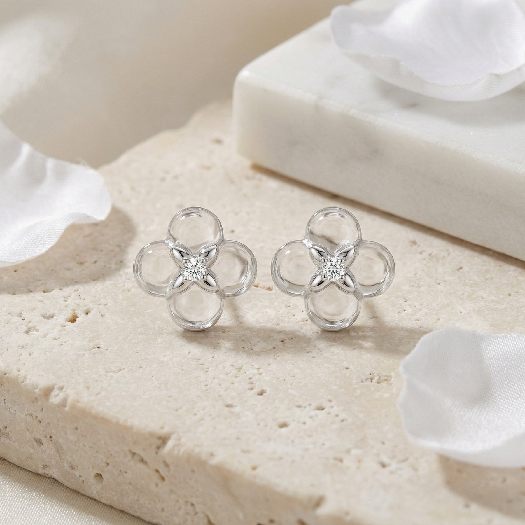 White Floral Quatrefoil Stud Earrings – sterling silver earrings, side detail