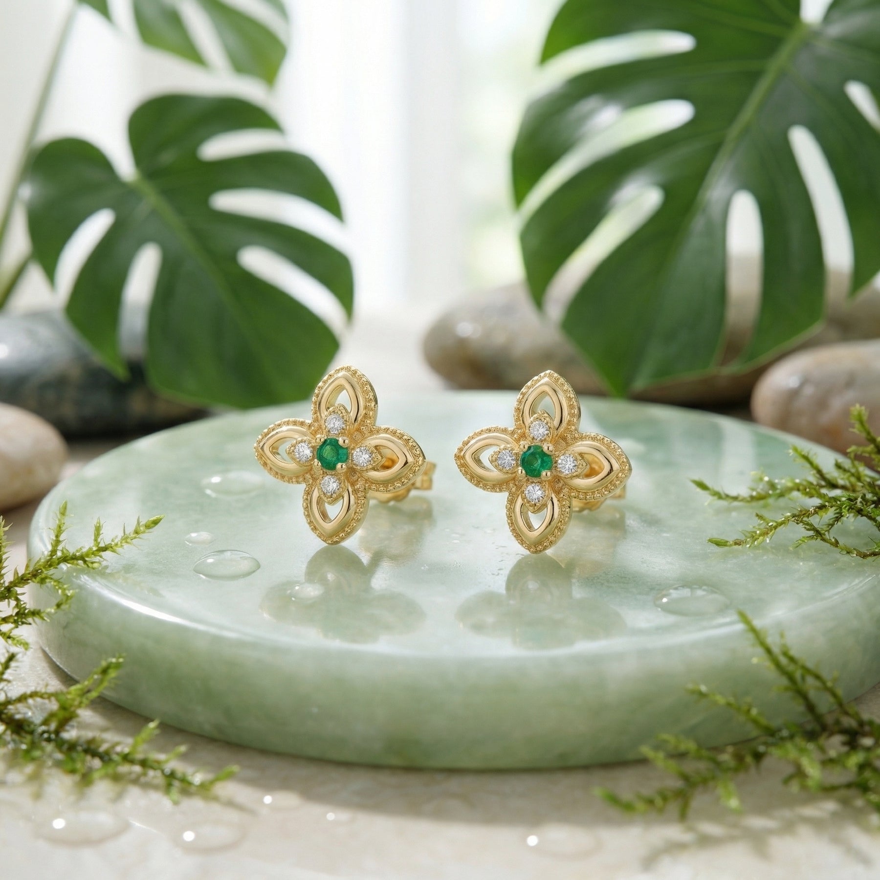 Green stone Floral Openwork Stud Earrings – green stone earrings, close-up