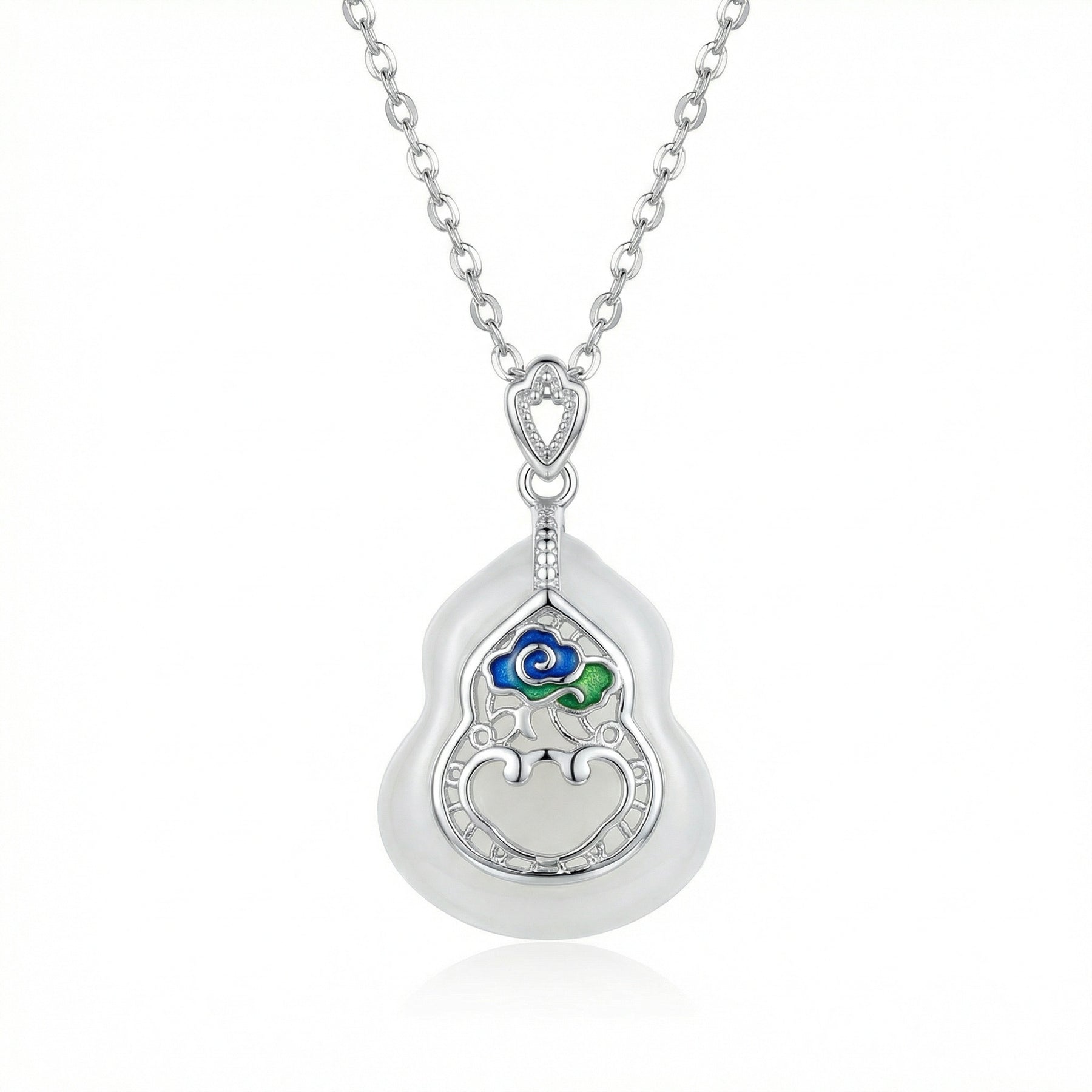 Gourd Pendant Necklace, Jade and Enamel – jade necklace, close-up