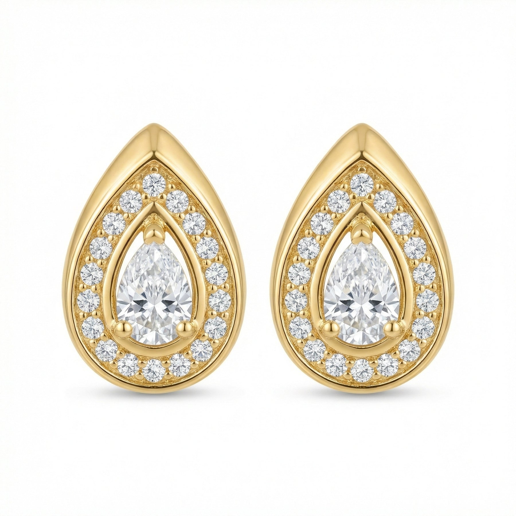 Pear-Cut Halo Teardrop Studs II – sterling silver earrings, close-up