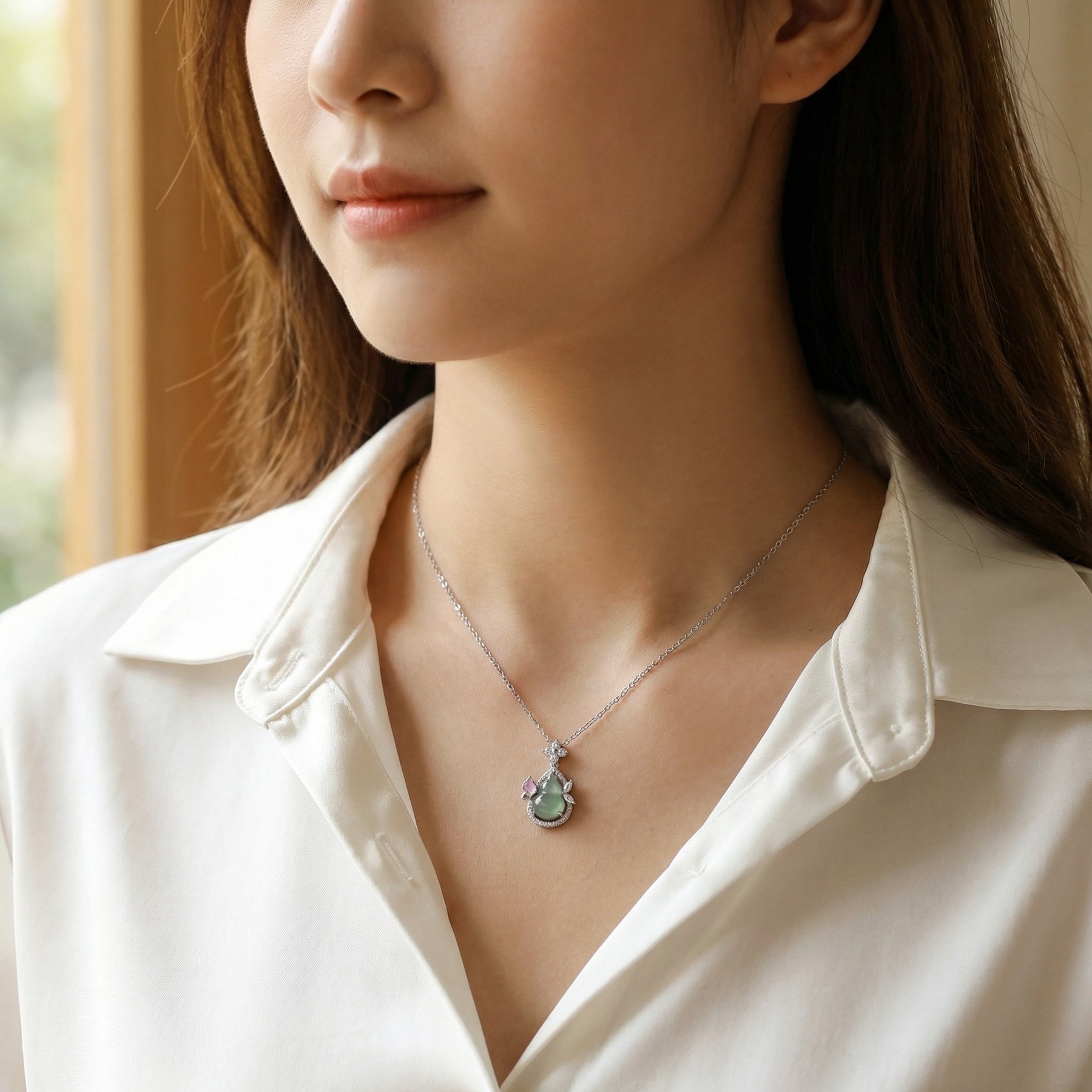 Jadeite Gourd Necklace with Pink Detail – jade necklace, close-up