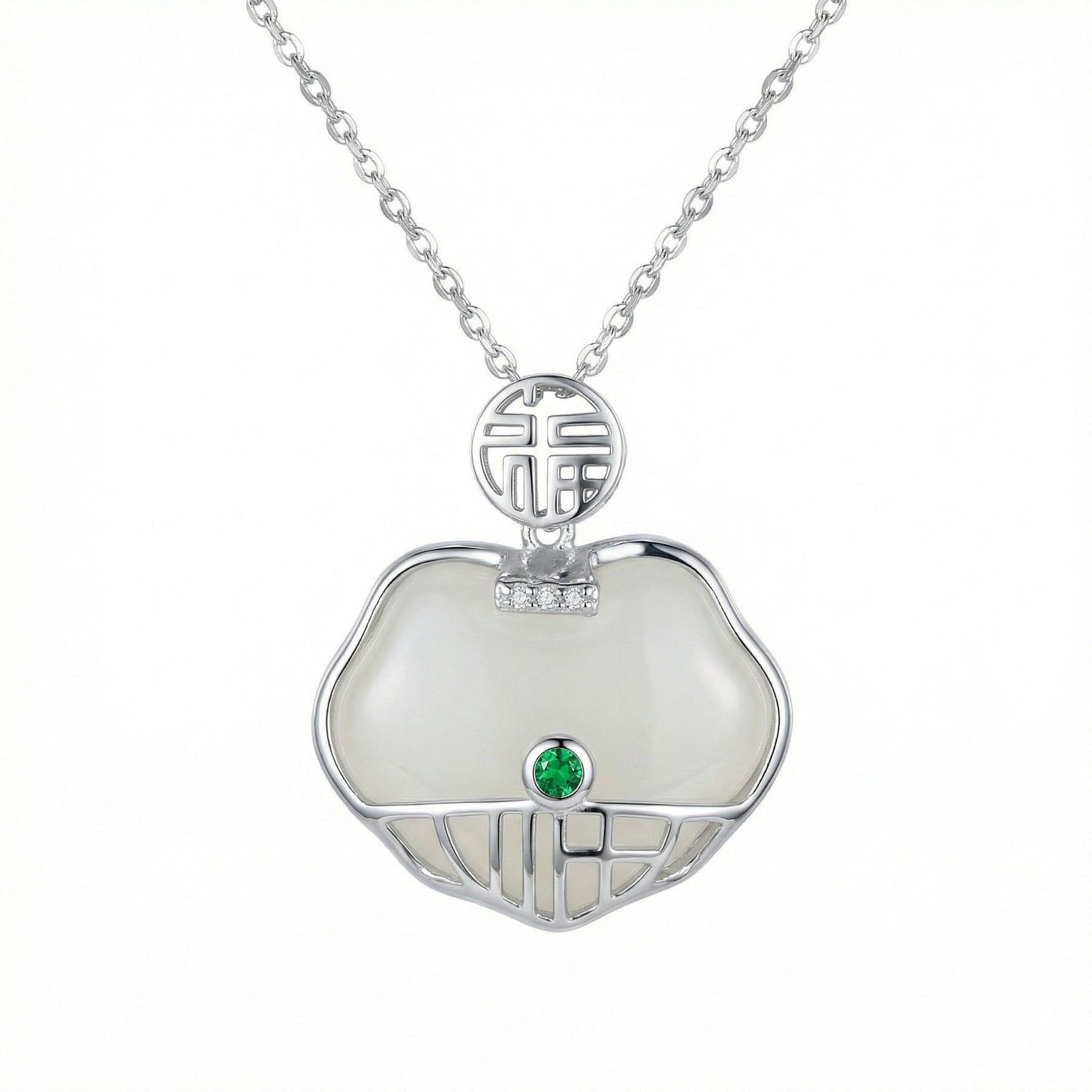 White Jade Long-Life Lock Necklace – jade necklace, close-up