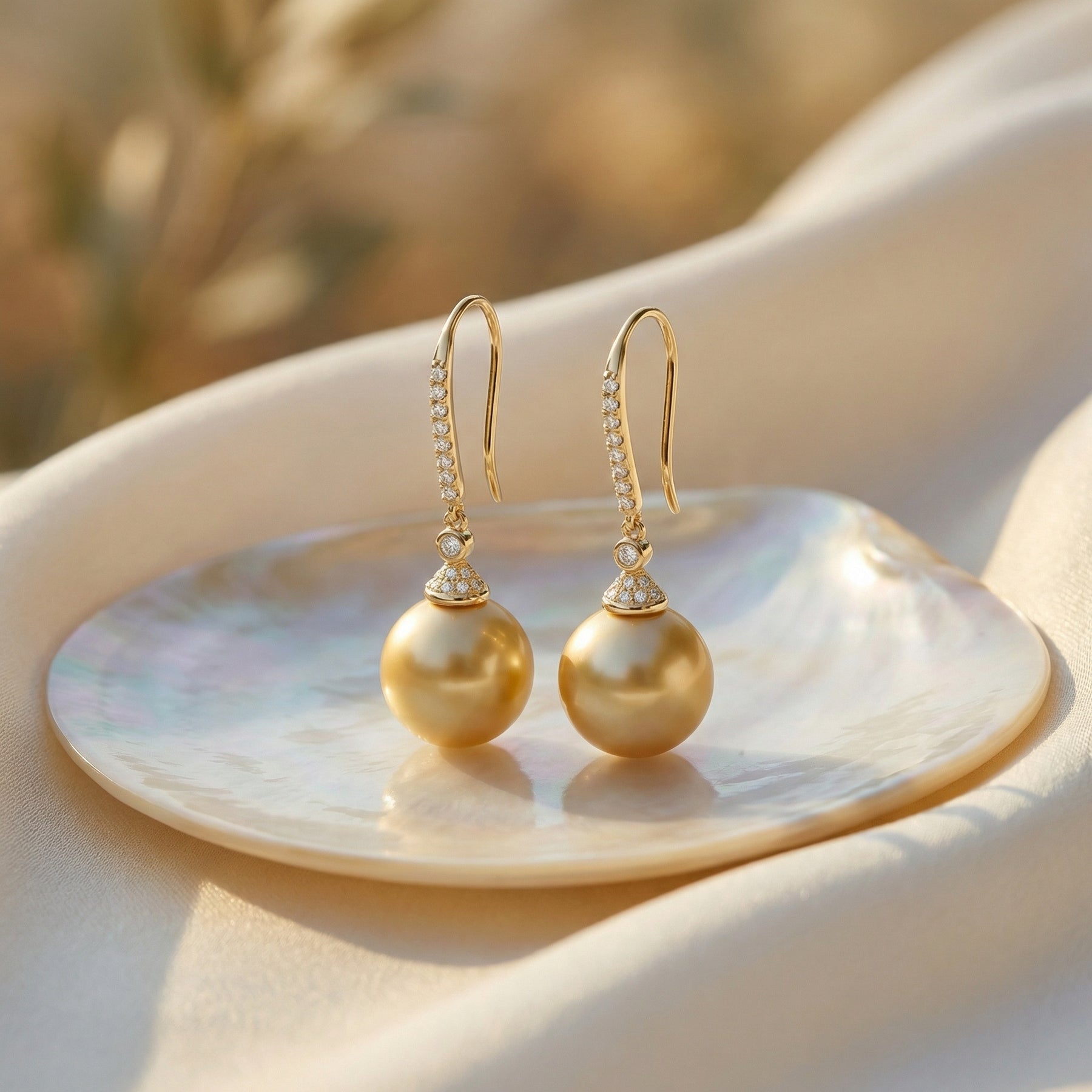 South Sea Champagne Pearl Drops – pearl earrings, front view