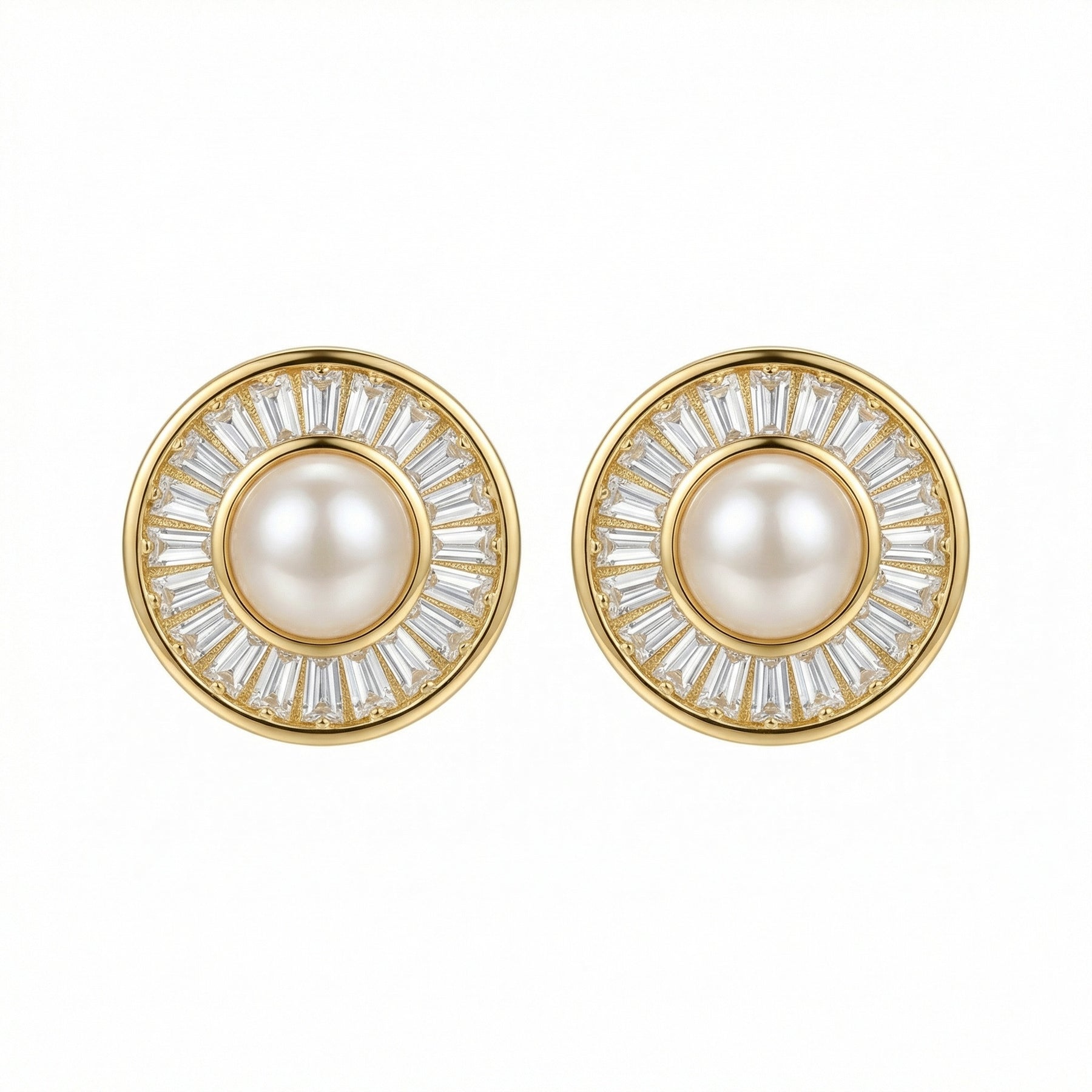 Pearl Sunburst Baguette Halo Studs – pearl earrings, close-up