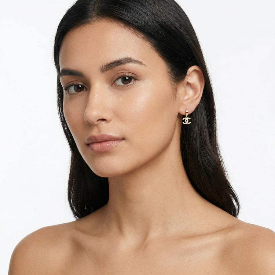 Double C Dangle Huggie Hoops – sterling silver earrings, front view