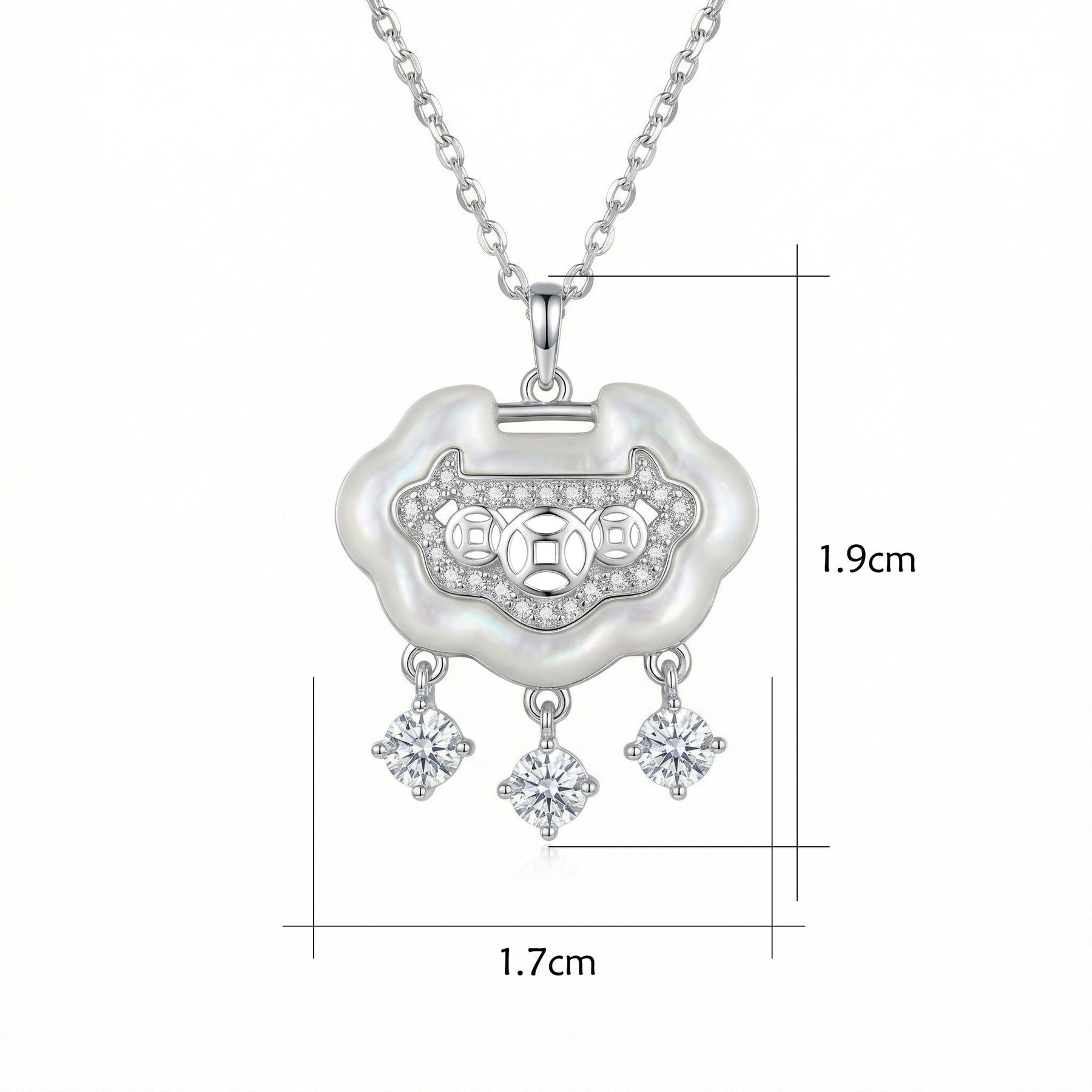 Ruyi Longevity Lock Pendant Necklace – mother-of-pearl necklace, close-up