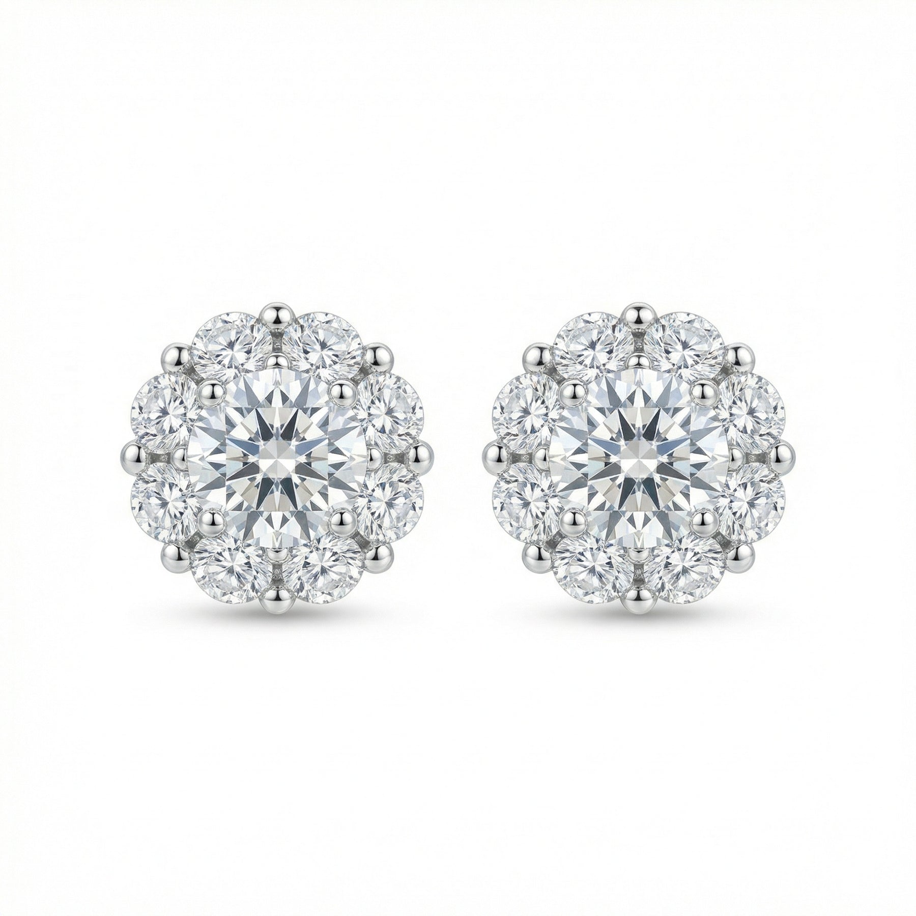 Round Brilliant Halo Stud Earrings – sterling silver earrings, side detail