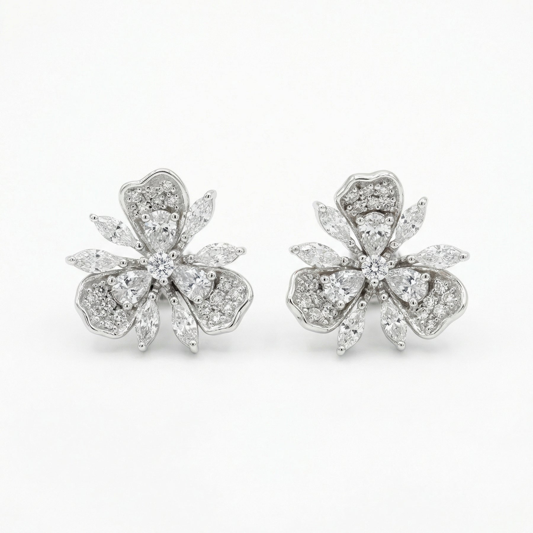 Three-Petal Floral Bloom Stud Earrings – sterling silver earrings, front view