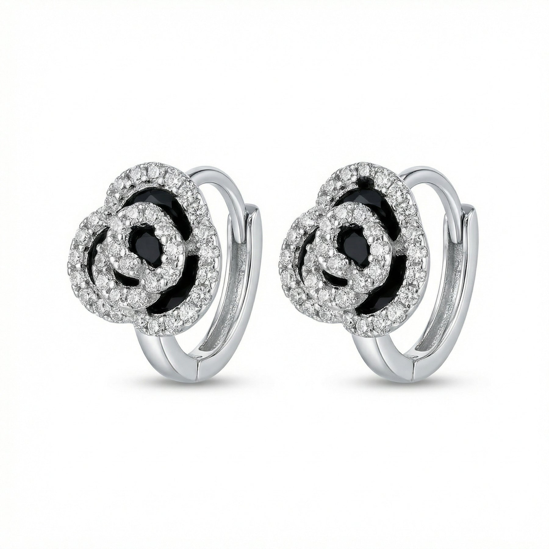 Rose Flower Huggie Hoop Earrings – sterling silver earrings, front view