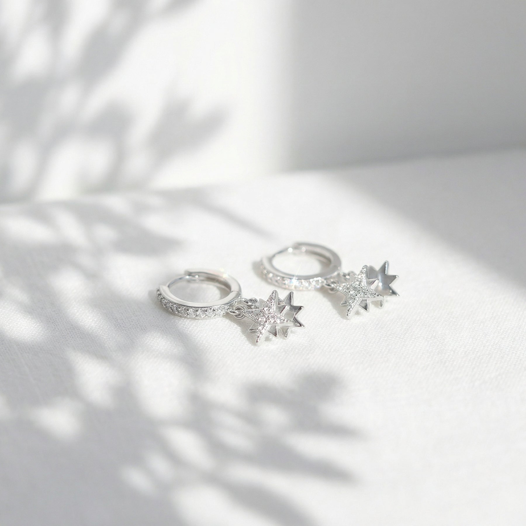 Celestial Star Dangle Hoop Earrings – sterling silver earrings, close-up